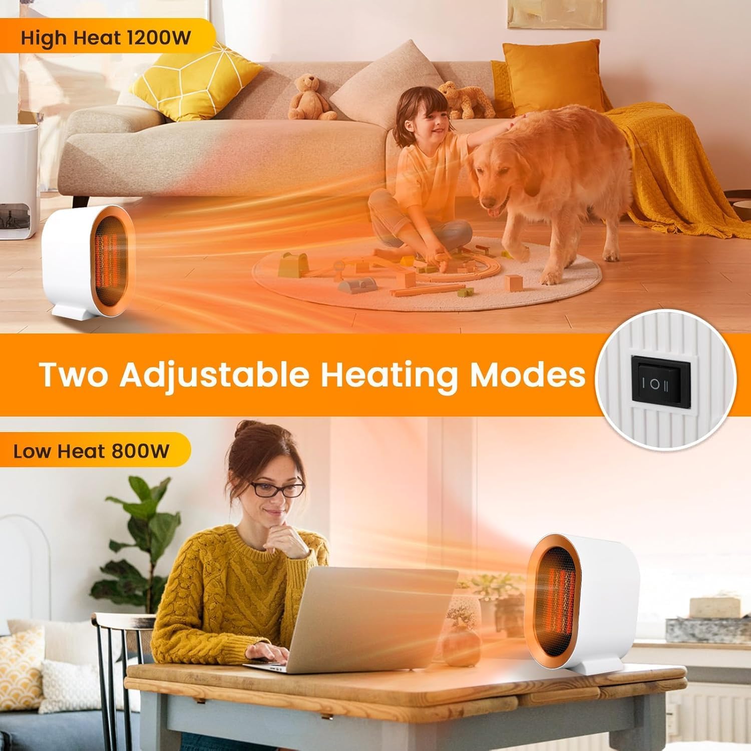 Space Heaters for Indoor Use,Plug in 2 Modes 1200 w/800W for office,Portable Small Desk Heater with Overheating & Tip-Over Protection