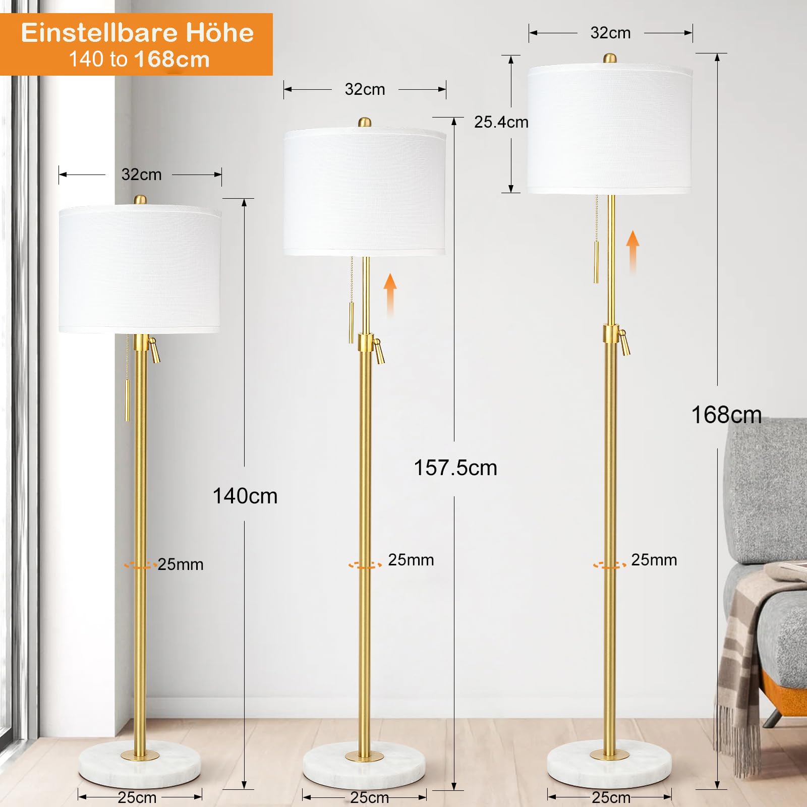 Qingmiao Stehlampe Wohnzimmer Modern Stehleuchte Standleuchte 140-168cm höhenverstellbare Leselampe mit Leinen-Lampenschirm, 3 Farbtemperatur,E27 Fassung, Gold (9W Glühbirne inklusive)