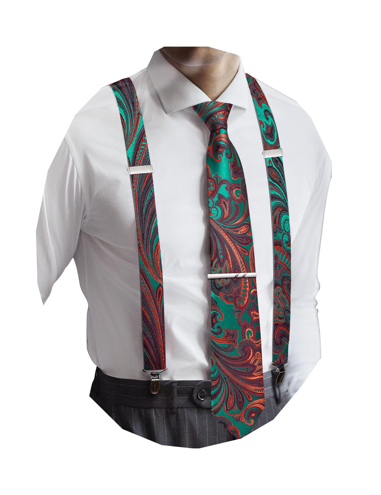 Barry.Wang Men Suspender Tie Sets Elastic Heavy 6 Clips Hanky Cufflink 5PCS | Classic Suspender Set for Man Necktie Y Type Adjustable Heavy Duty 6 Clips Braces Pocket Square Cufflinks Party