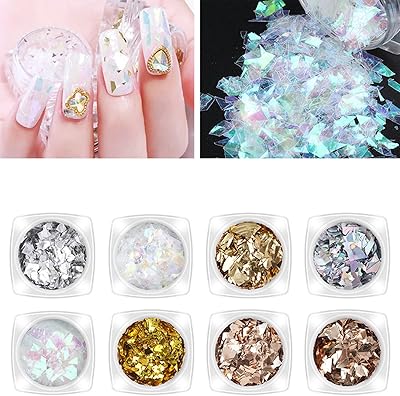 Holographic Nail Glitter Sequins CXUEMH 8 Pcs Iridescent Glass Paper Irregular Flakes for Nails Mermaid Glass Glitter Nail Art Supplies Holographic Decor Nail Charms (Colorful)