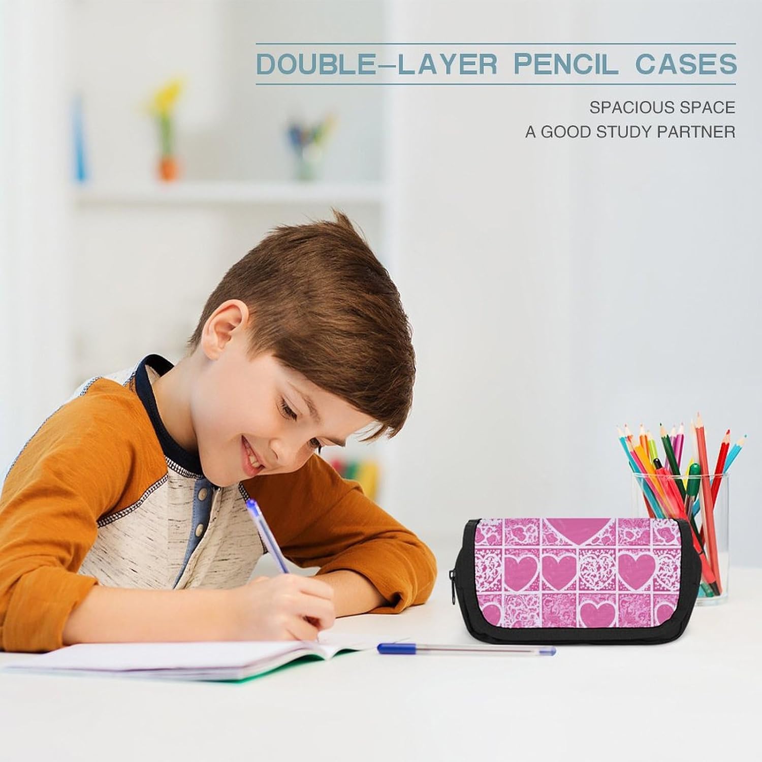 Pencil Pouch White Love Heart Pencil Case for Men Women Cosmetic Bag Aesthetic Pen Bag for Office Multifunctional Bag Marker Pen Case