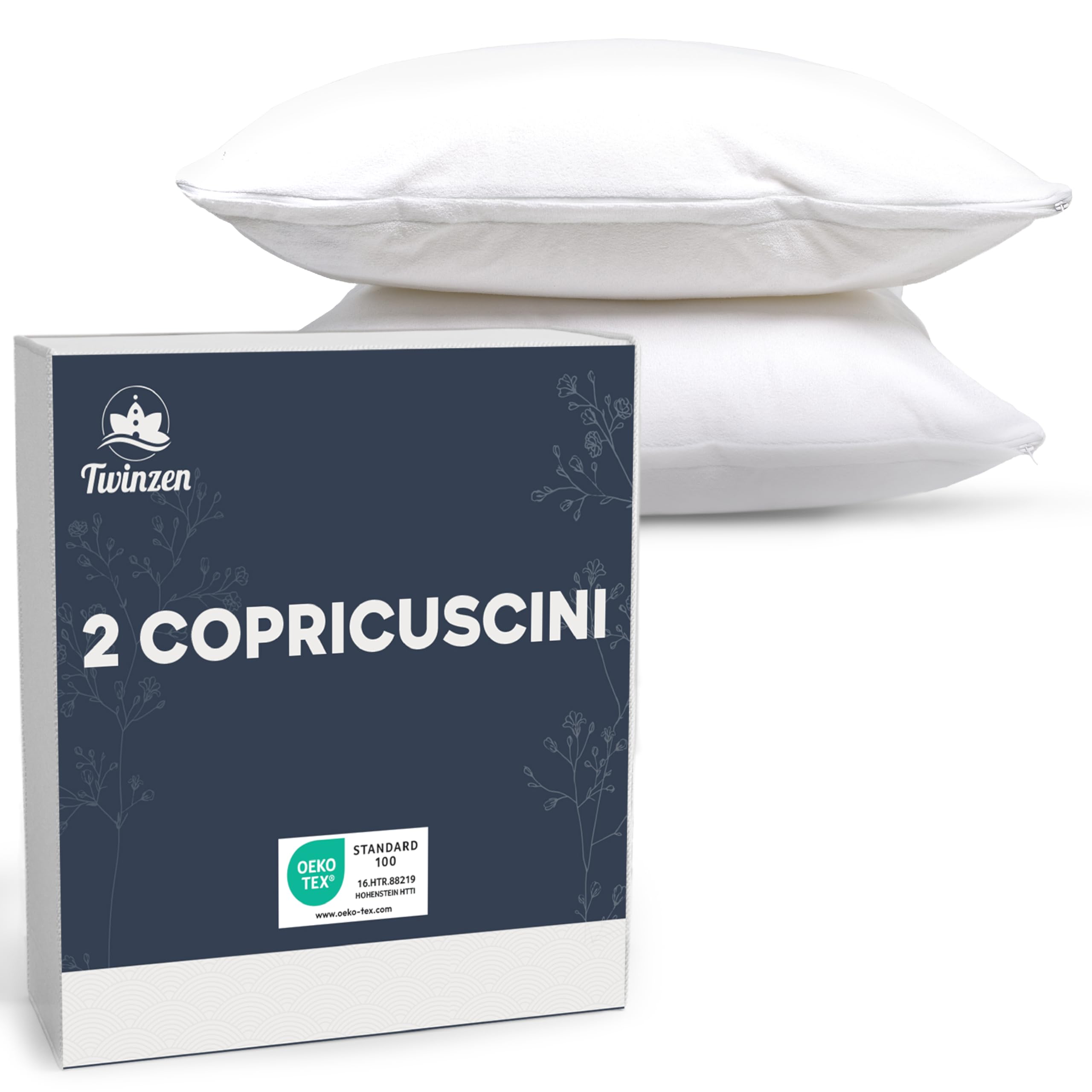 Twinzen - Copricuscino Letto 50x80 cm - Impermeabile - Cerniera - Set di 2 | Federe per Cuscini da Letto Antiacaro · Anallergiche · Lavabile in lavatrice · Oeko-Tex · Antimacchia · Bianche