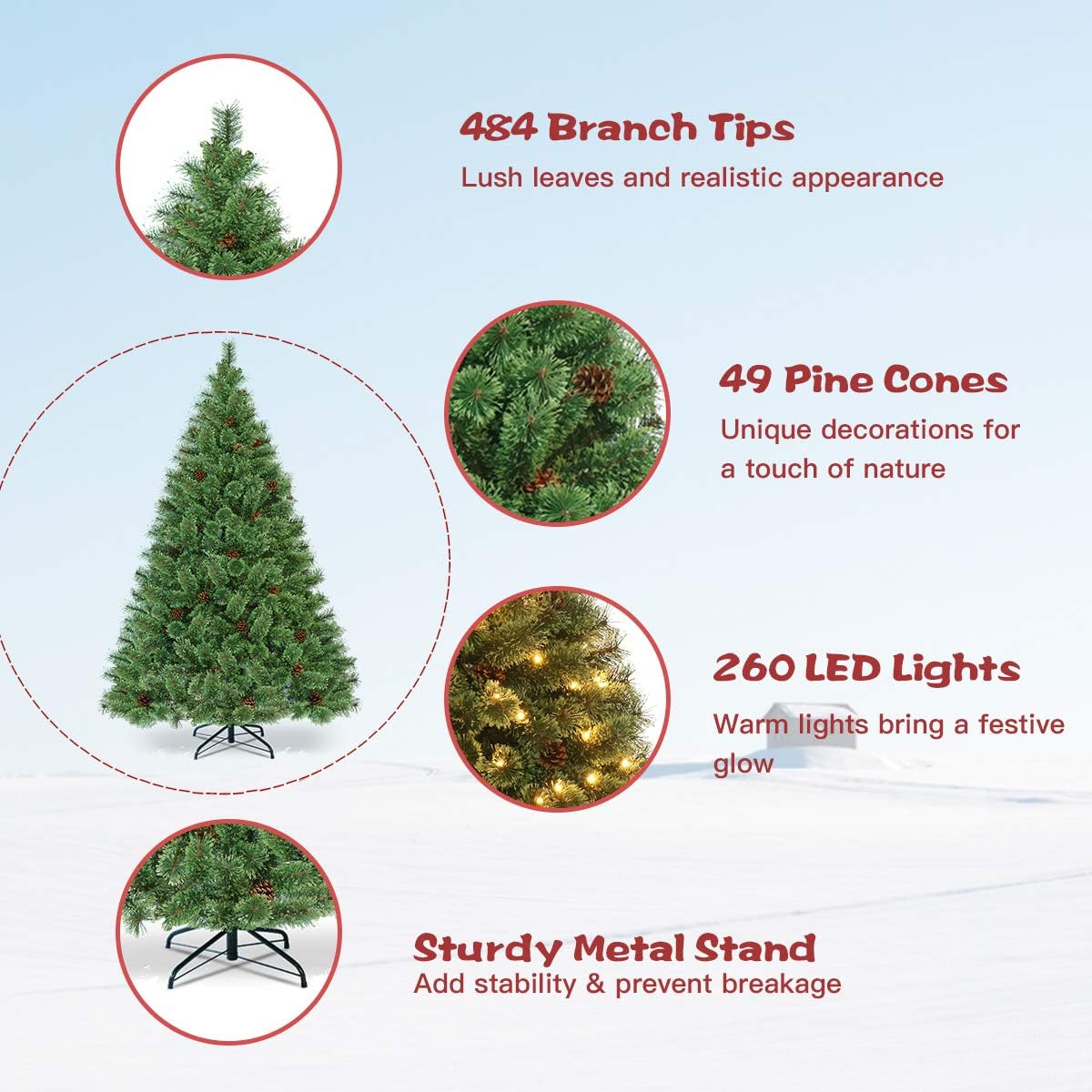 Goplus 6FT Prelit Christmas Tree, Flowering Hinged Artificial Pine Full Tree with 260 Warm White LED Lights, 484 Branch Tips, 49 Pine Cones, Metal Stand, for Xmas Indoor Decor