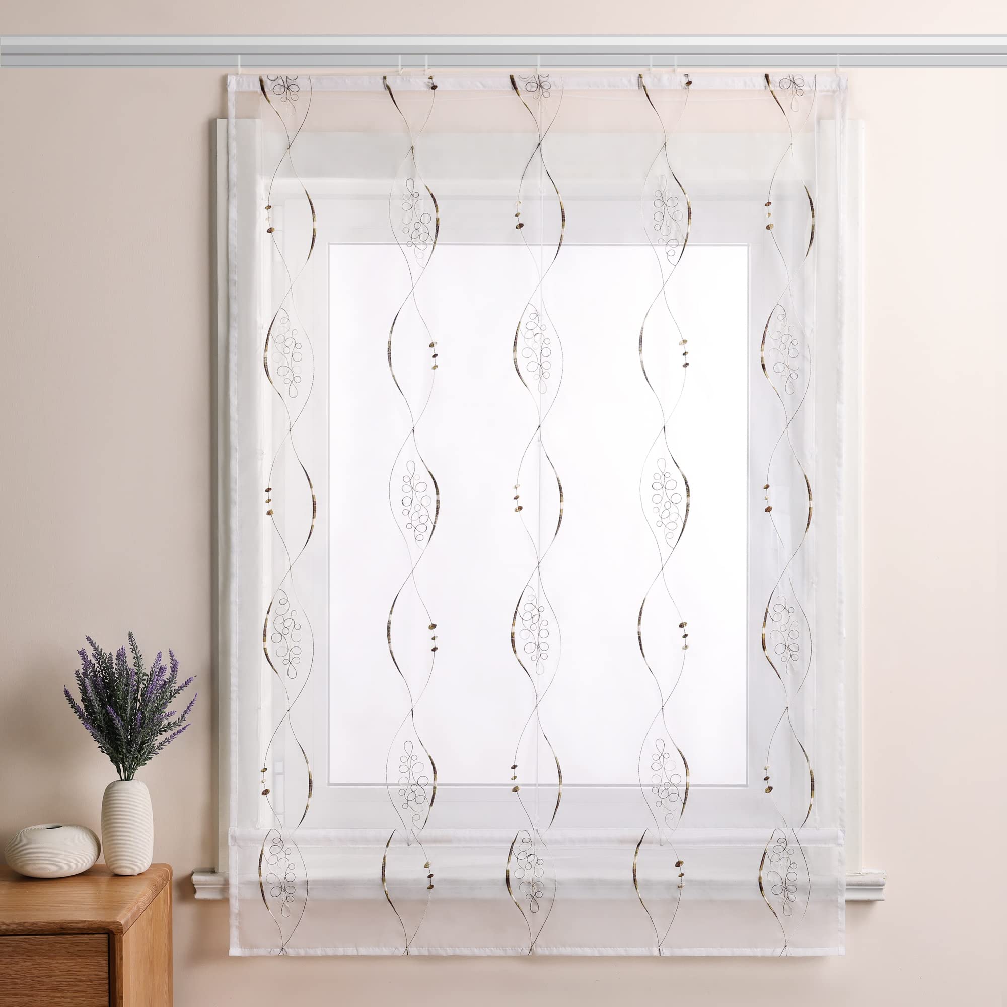 Heichkell Raffrollo mit Klettschiene Voile Raffgardinen Transparent Rollo Bestickt Modern Vorhang Braun BxH 140x140cm