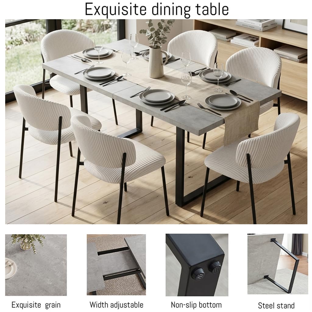 JIEXI Set di 6 tavoli da pranzo allungabili, 130 x 170 cm, 6 sedie in tessuto, superficie rettangolare in MDF e polvere di cemento, stile moderno e contemporaneo, per sala da pranzo e cucina