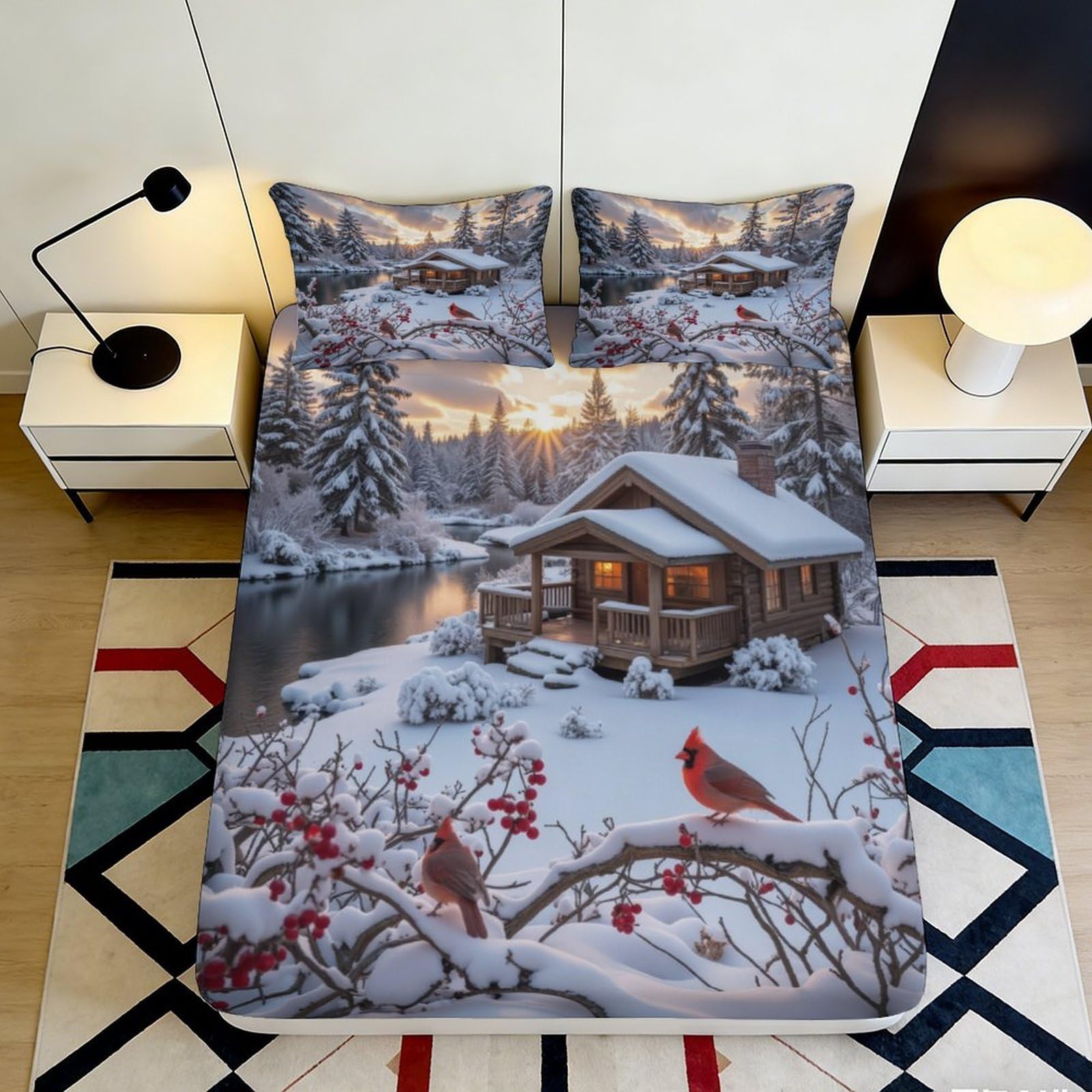 3D Printed Winter Cabin Fitted Sheet Microfiber Soft Breathable Snowy Landscape Bed Cover for Bedroom Guest Room Decor 90x200x25cm
