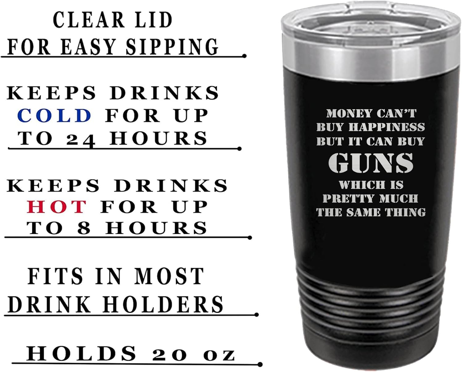 Rogue River Tactical Funny Hunting 20 Oz.Travel Tumbler Mug Cup Money Happiness Guns w/Lid Stainless Steel Gift For Dad Brother Grandpa (Black) - Image 2