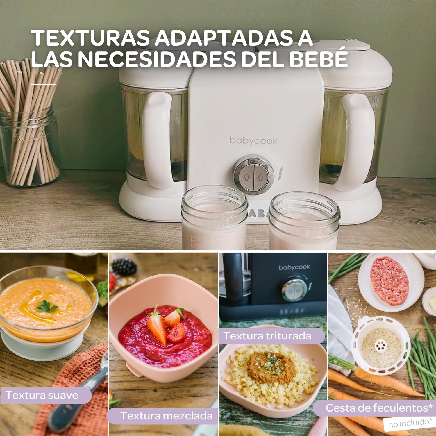 BÉABA Babycook Duo, Robot de cocina infantil 4 en 1, Tritura, cocina y cuece al vapor, Rápido en 15 minutos, Comida casera para bebés y niños, Capacidad XXL, 2 x 200 ml, Blanco/Plato