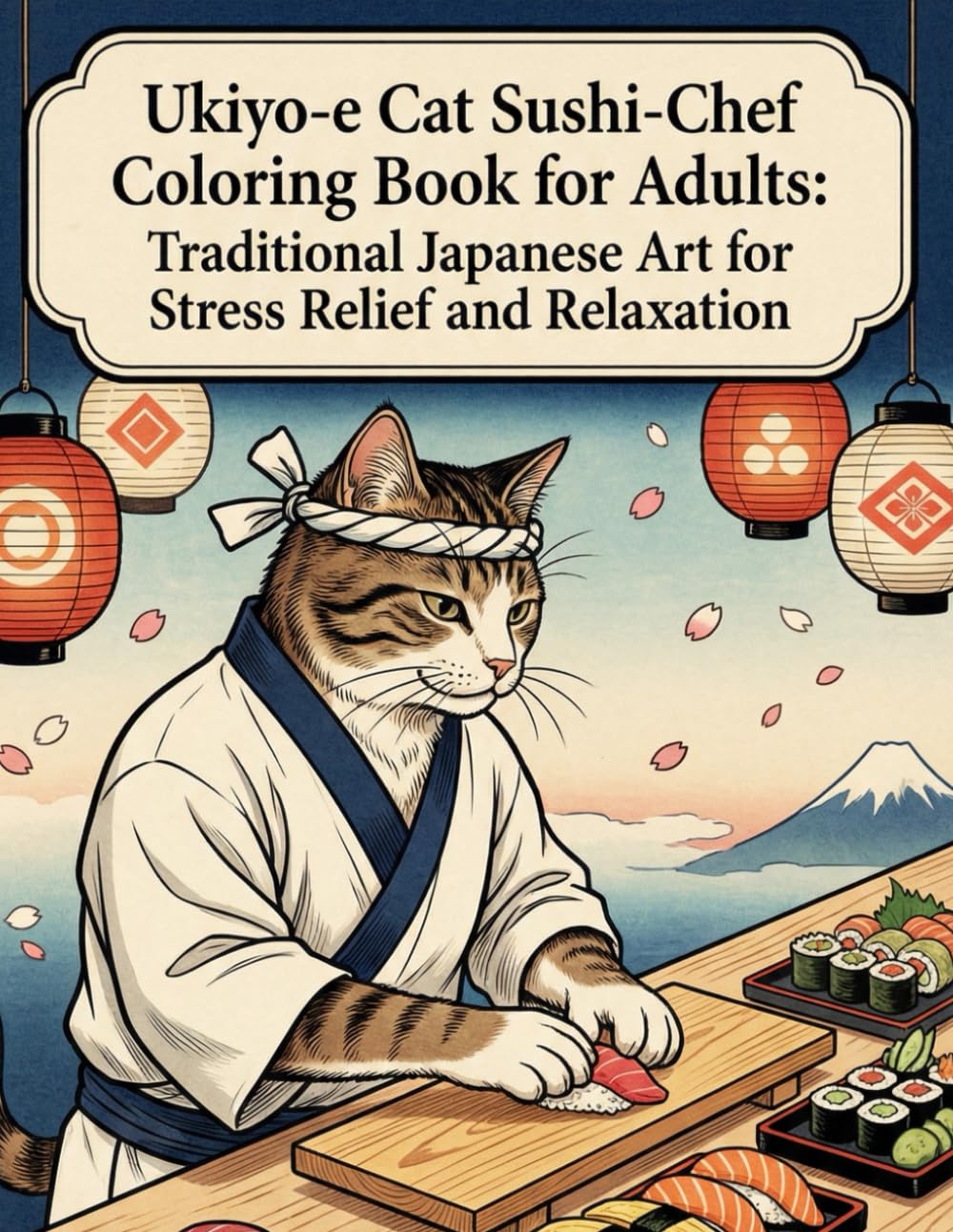 Ukiyo-e Cat Sushi-Chef Coloring Book for Adults: Traditional Japanese Art for Stress Relief and Relaxation: Zen-Inspired Ukiyo-e Coloring with Cat Sushi Chefs and Classic Japanese Motifs