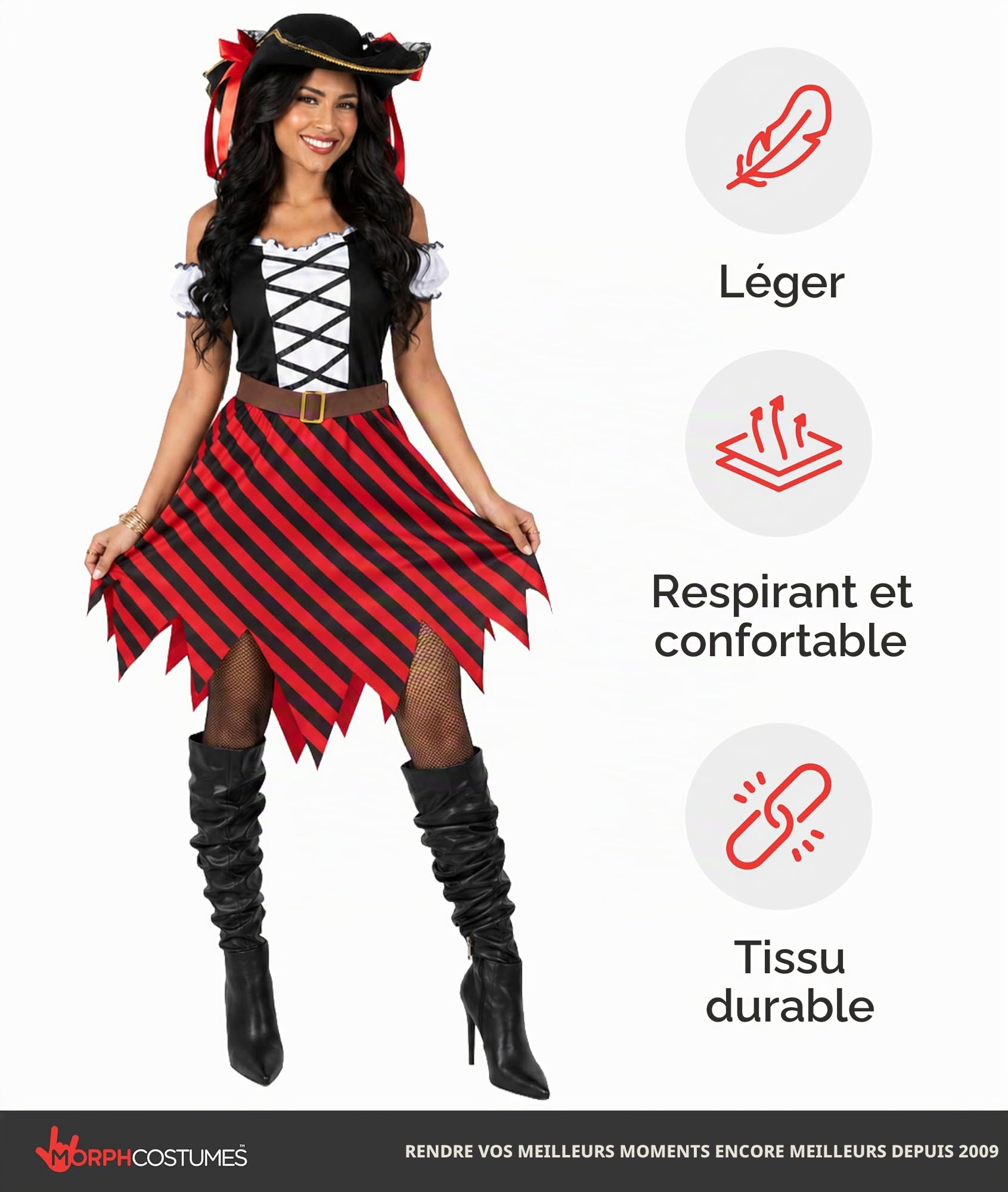 Morph Deguisement Pirate Femme, Costume Pirate Halloween Femme | Chapeau Tricorne, Robe & Ceinture, Look de Pirate, Parfait pour Halloween, Idéal pour se Déguiser