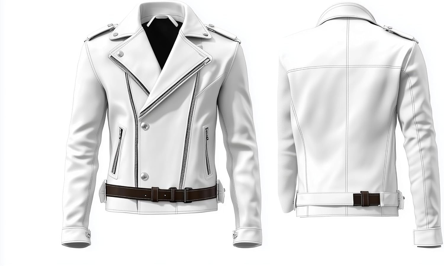 Mens White Biker Jacket with White Asymmetrical Zipper Stand Collar Multipockets Motercycle Genuine Leather Jackets