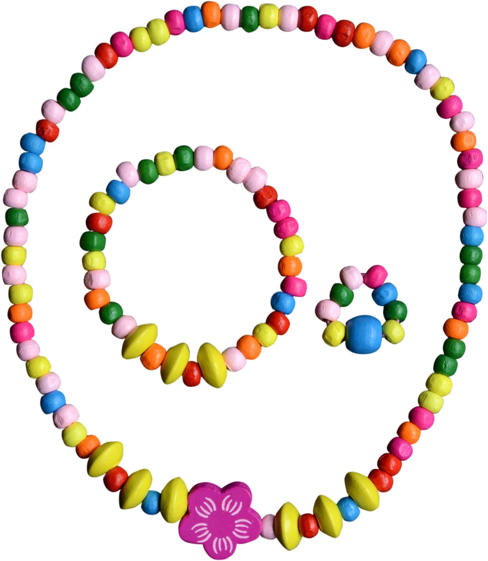 SMITCO Kids Costume Jewelry Set for Little Girls and Toddlers - Wooden, Beaded Toy Necklace, Bracelet and Ring For Play Pretend or Dress Up - Non-Toxic and Safe for Children Ages 3 to 8