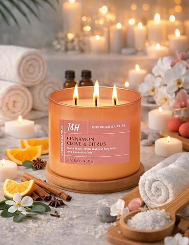 Miniatura 9 de Vela de soja de 3 mechas de canela y clavo y cítricos, grande de 15.8 onzas, velas perfumadas de naranja especiada para el hogar, vela de larga
