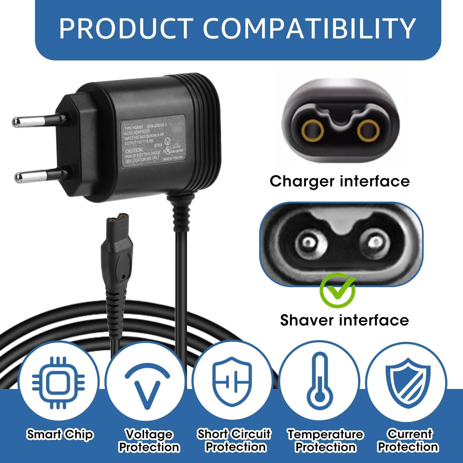 15 V Caricabatterie Rasoio Compatibile con Philips HQ8505 3000, 5000, 7000, 9000 MG7745, MG7730, MG7720, MG7710, QP6510, QP6520, QP6530, QP6541, QP6550, QP6620, QP6650, RQ, HQ, AT, PT, serie BT