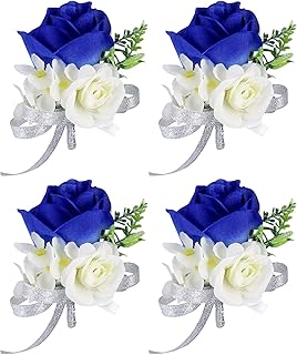 ChezMax Rose Boutonniere Handmade Flower Artificial Corsage with Clip and Ribbon 4 PCS for Bride Groom Wedding Prom Party
