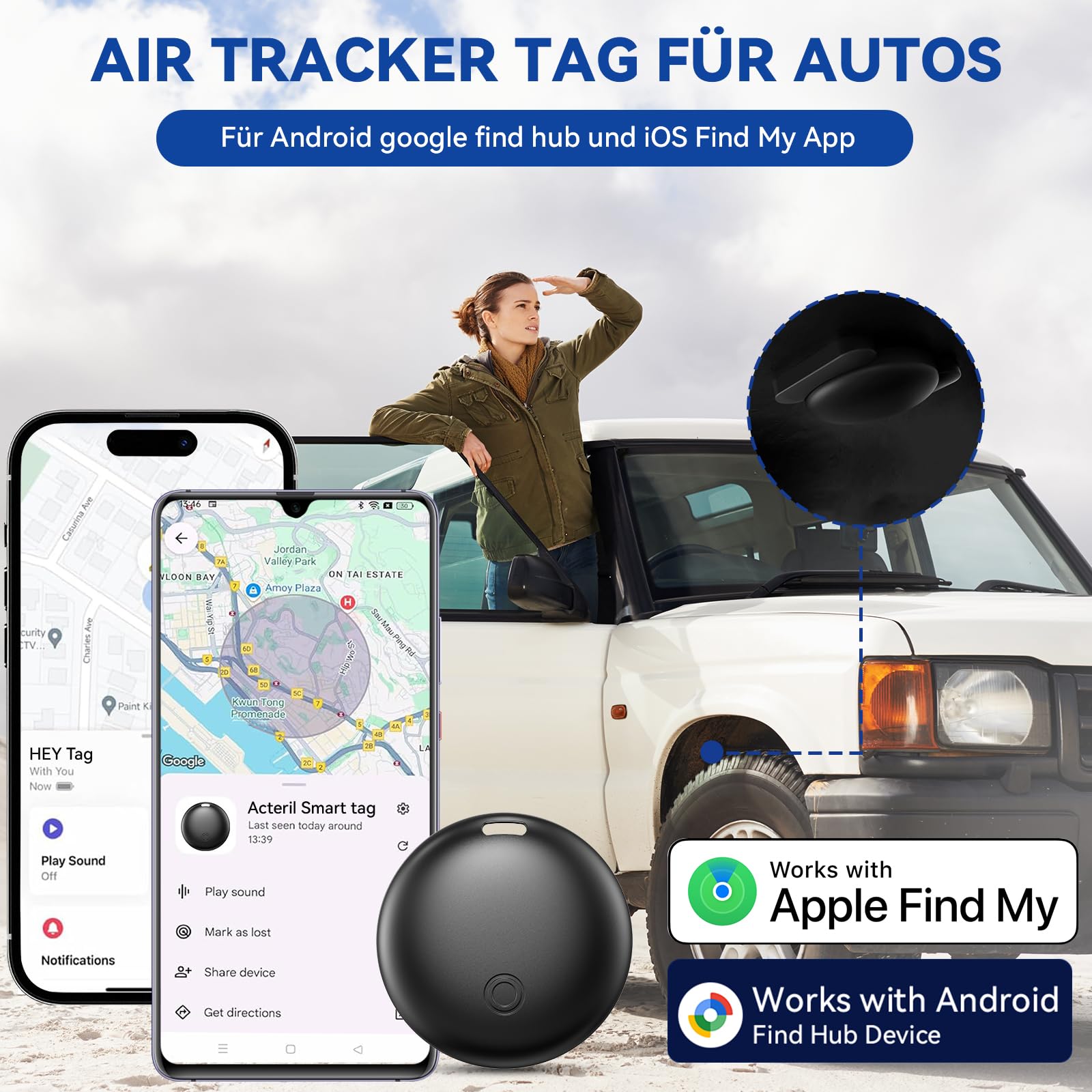 GPS Tracker Auto, Magnetischer GPS Tracker ohne ABO für Android und iOS, Air Tracker Smart Tag IP67 Wasserdicht Versteckter GPS Tracker für Autos/Fahrräder/Motorräder (schwarz)