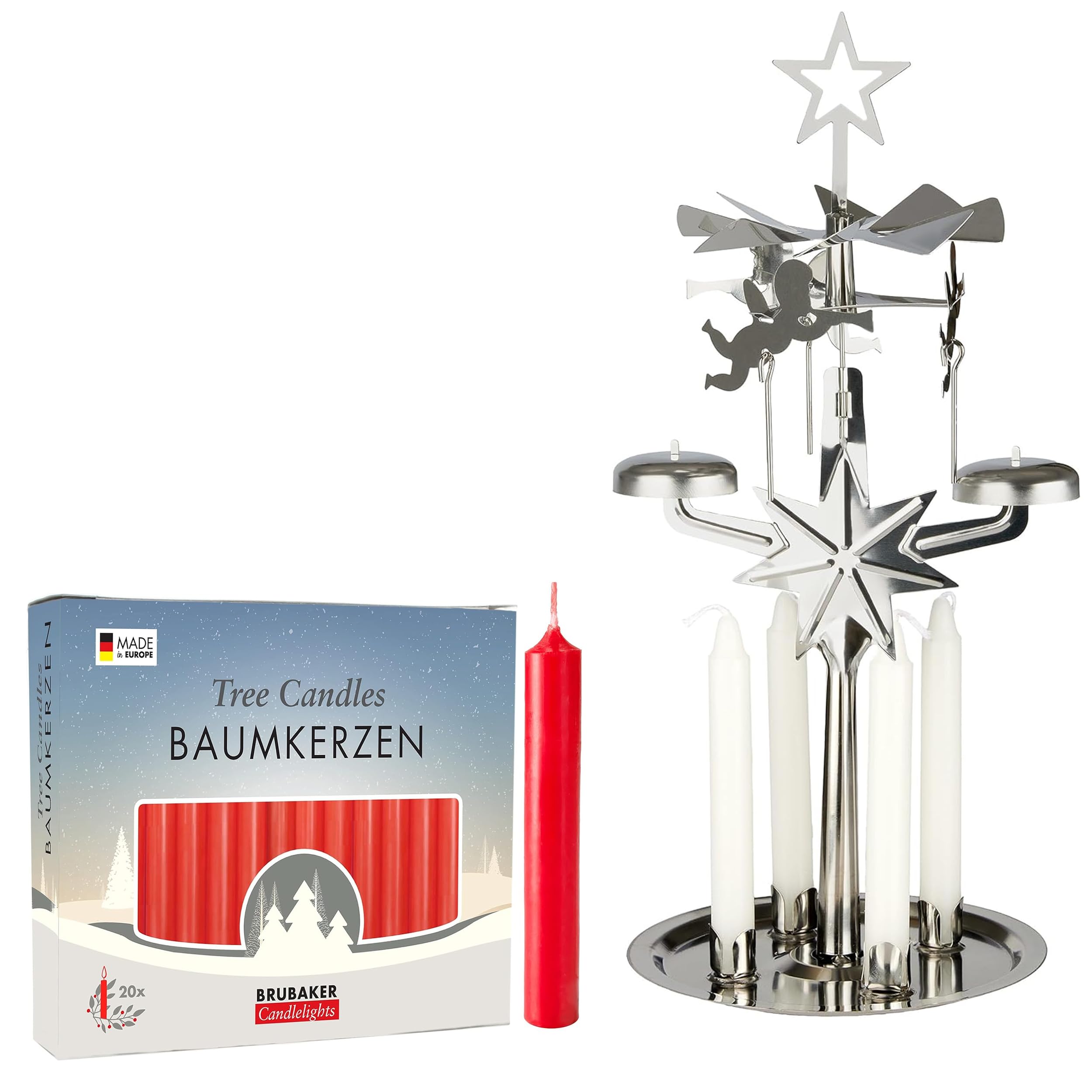 Brubaker Chimes With Pack Of 20 Candles - Red Metal Chime Lights Incl. Pack Of 20 Red Candles - Carousel Candle Holder With Angels - Rotating Table Pyramid - Christmas Pyramid For Seasonal Festive Decor - Silver