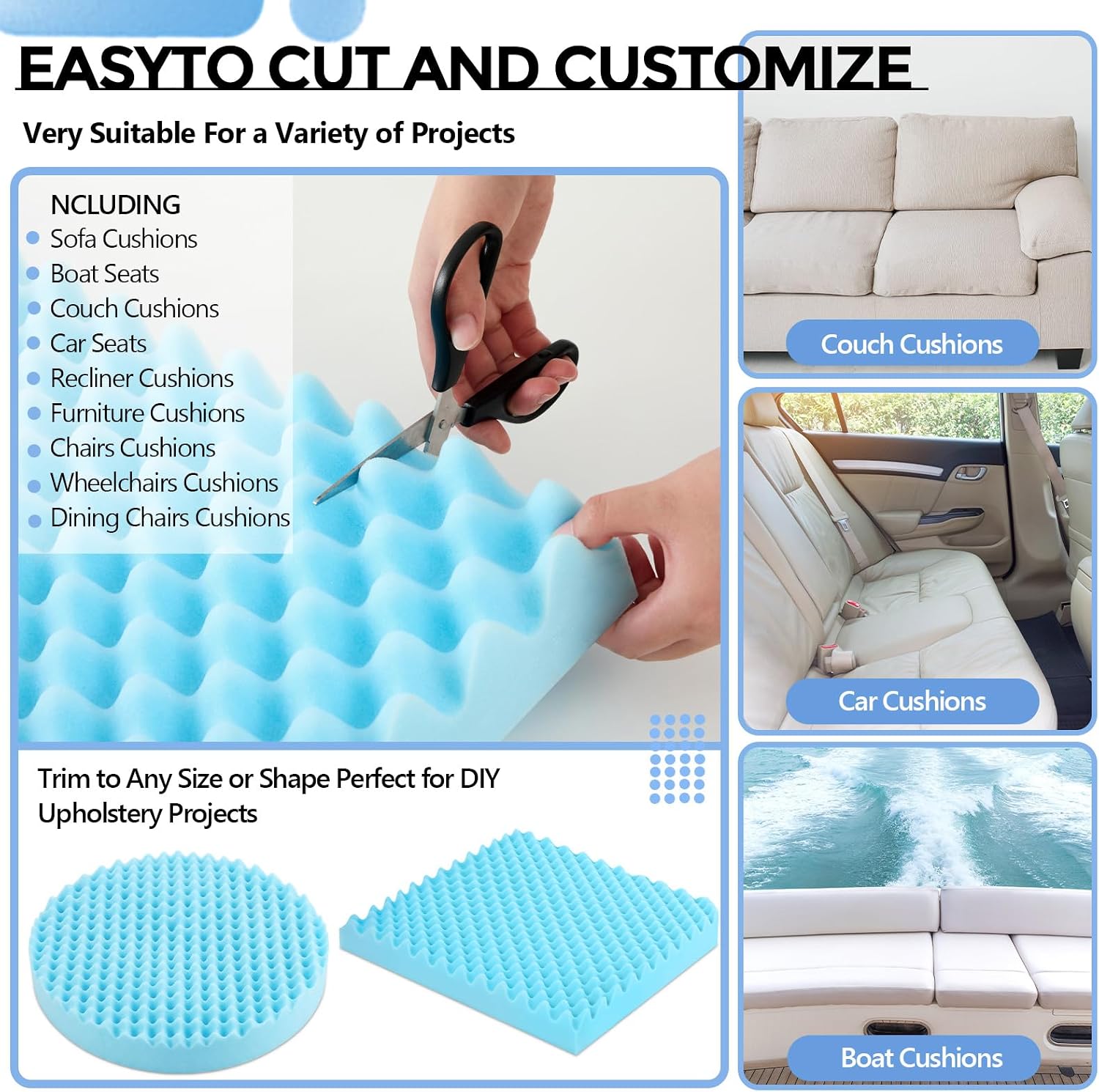 Gerrii 72" x 24" x 3" Couch Cushion Replacement Foam Pad, High Density 2.5 Density 44 Ild Egg Foam for Sofa Sagging Repair, Breathable Support Cut to Size for Couch, Upholstery, Mattress & DIY