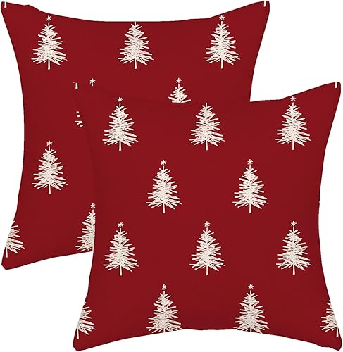 AGAYNA Juego de 2 fundas de almohada de Navidad de 16 x 16 pulgadas, decoración de árbol de Navidad rojo y blanco, para sofá, invierno, Navidad,