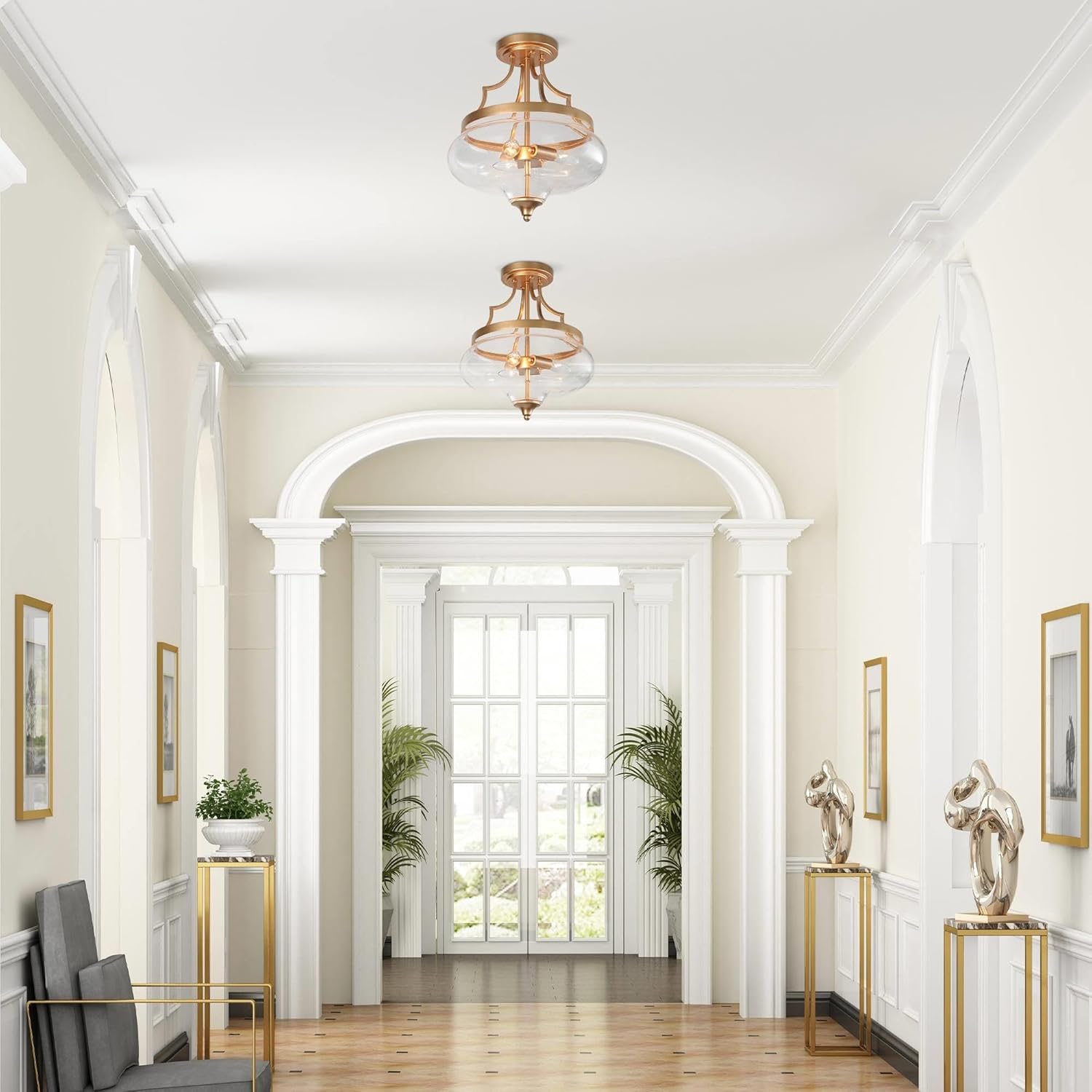 KSANA Ceiling Light, Gold Semi Flush Mount Ceiling Lights, Modern 3 Light Close to Ceiling Light Fixtures for Dining Room, Kitchen, Hallway, Entryway