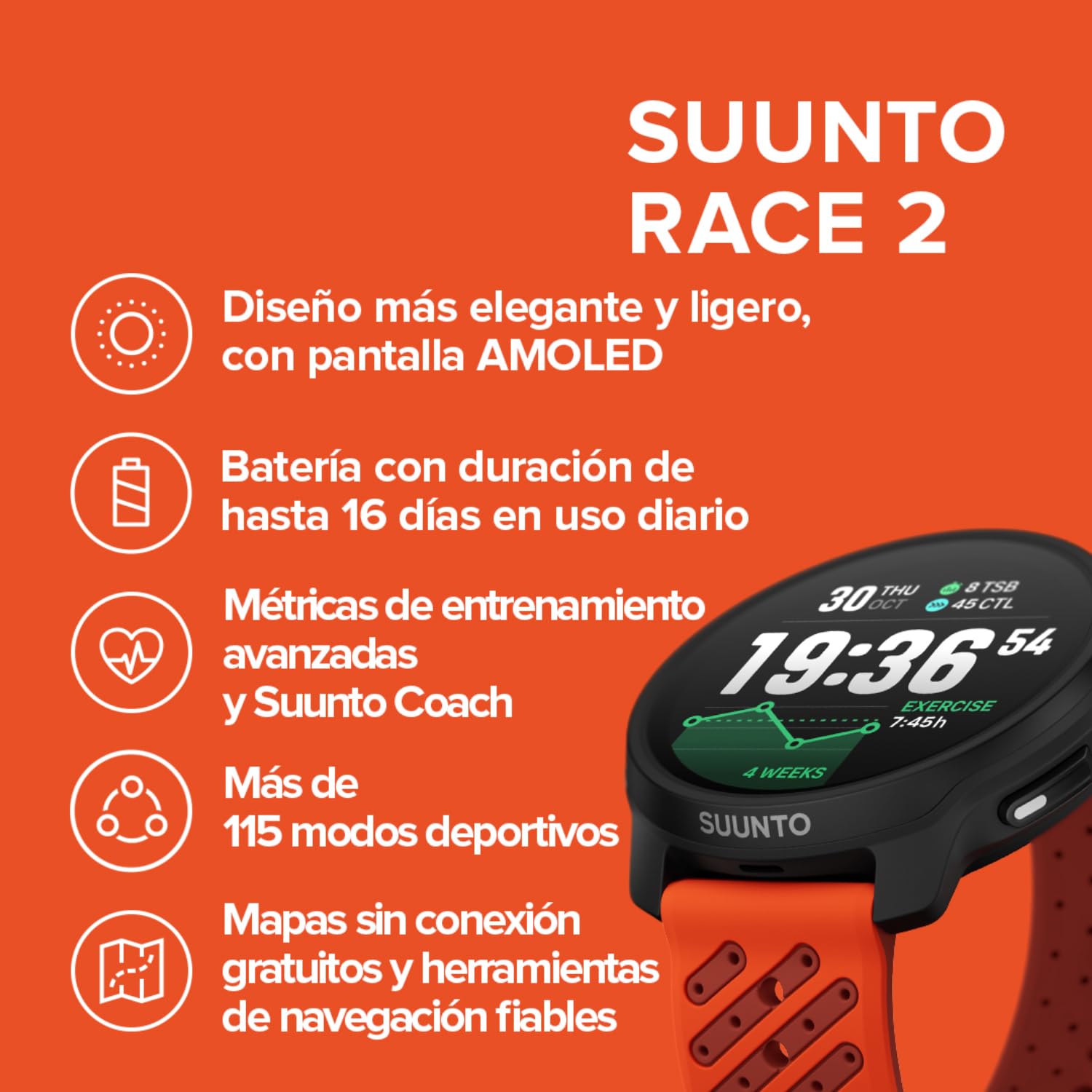 Suunto Race 2 Reloj Deportivo GPS, Pantalla AMOLED 1.5” con 115+ Modos | Navegación mejorada, 18 días de duración de la batería, GNSS de doble banda, mapas sin conexión, entrenamiento avanzado