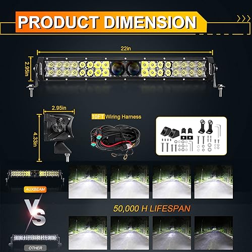 Miniatura 3 de Auxbeam Barra de luz LED de 22 pulgadas, 180 W, 22000 lúmenes, lente 5D Pro, luces de conducción todoterreno, combo de luz antiniebla, kit de arnés