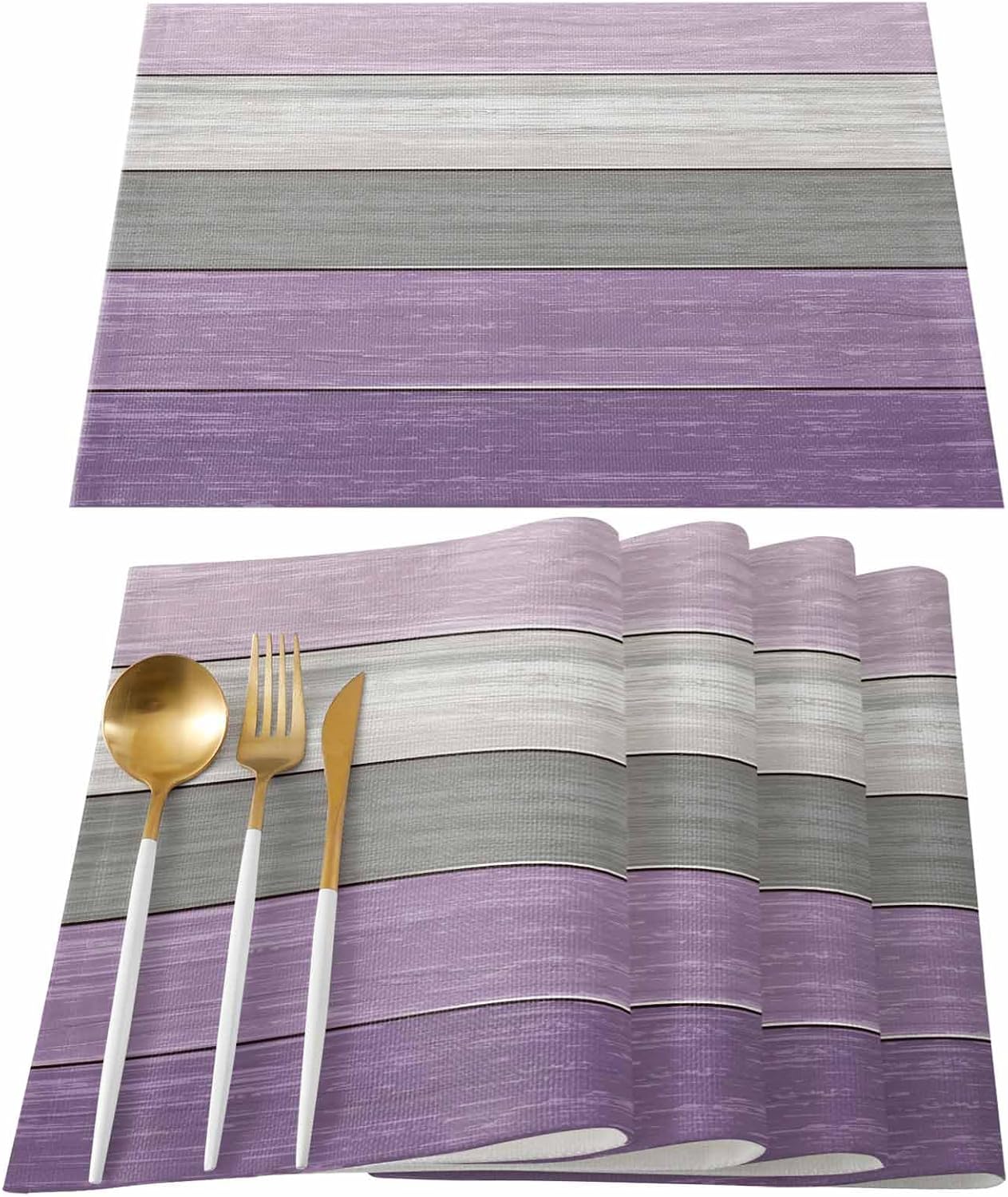 Vandarllin Placemats Set of 6, Retro Rustic Barn Wood Texture Polyester Stain Resistant Table Mats Washable Placemat Decoration for Kitchen Dining Table Ombre Lavender Purple Gray