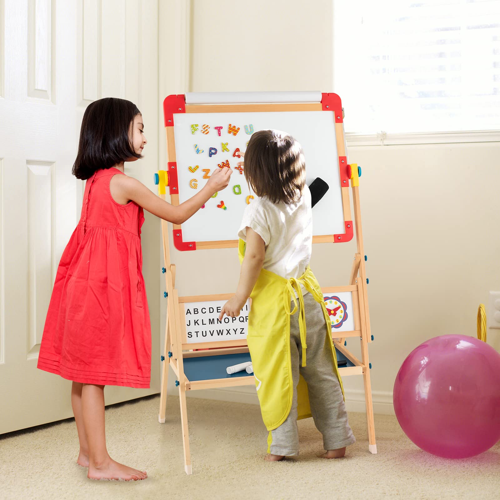 COSTWAY Caballete Pizarra de Madera para Niños, 3 en 1 Pizarra Blanca Caballete Infantil, Bandeja de Almacenaje, Rollo de Papel, Ábaco Educativo, Reloj & Alfabeto, Tablero de Dibujo de Doble Cara