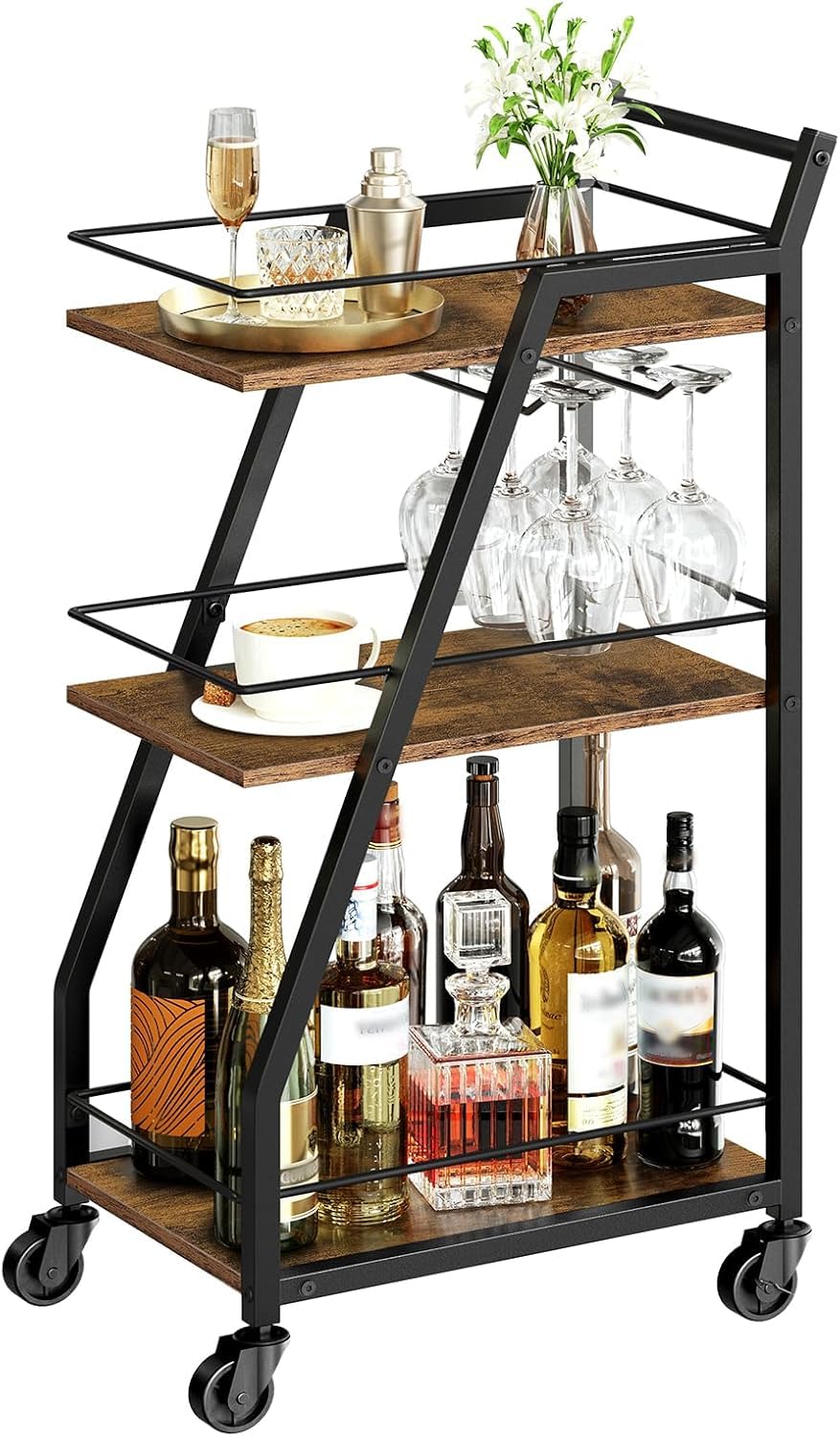 72005 Bar Cart, 3-Tier Bar Cart for The Home, HomeBar Serving Trolley with Glass Holders, Beverage for Kitchen, Dining, Party Room, Rustic Brown and Black-image-42