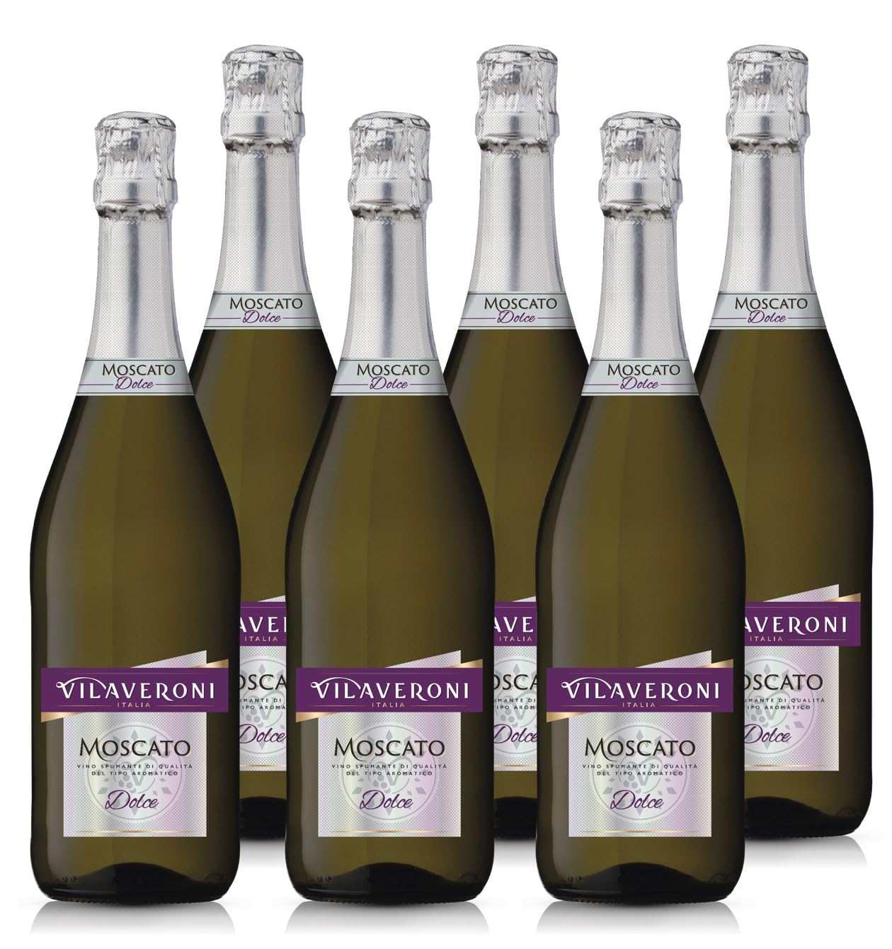 Vilaveroni Moscato Dolce - Vino blanco espumoso italiano dulce - Pack 6 botellas x 75cl - 100% Moscato del Piamonte, frutal, floral, ideal aperitivo, brunch y postre