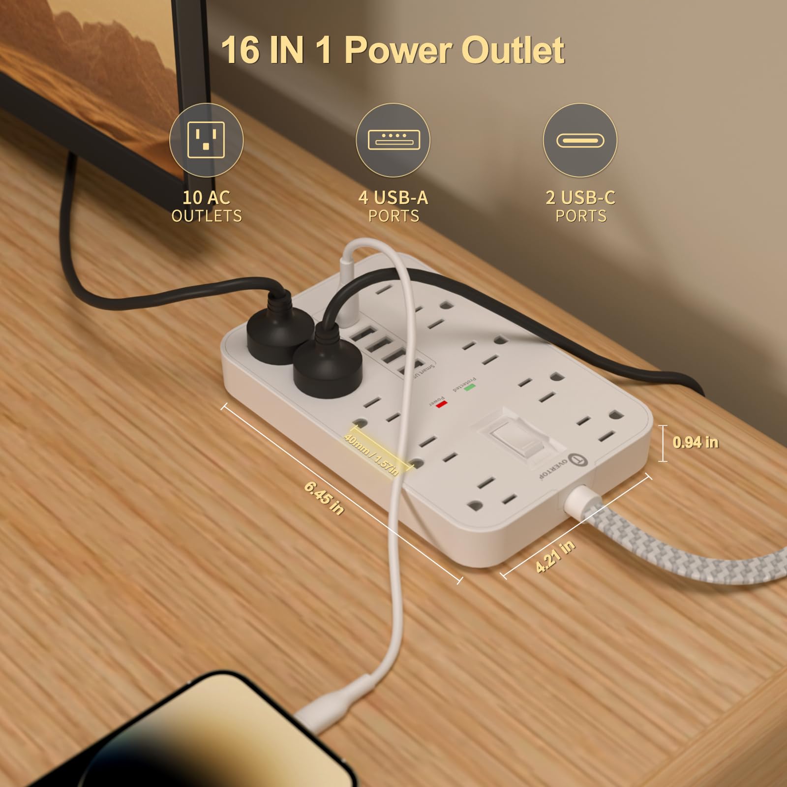 Overtop - Protector de sobretensión, cable de extensión trenzado de 5 pies, enchufe plano, 10 salidas ampliamente espaciadas con 6 puertos USB (2 USB C), estación de carga de computadora
