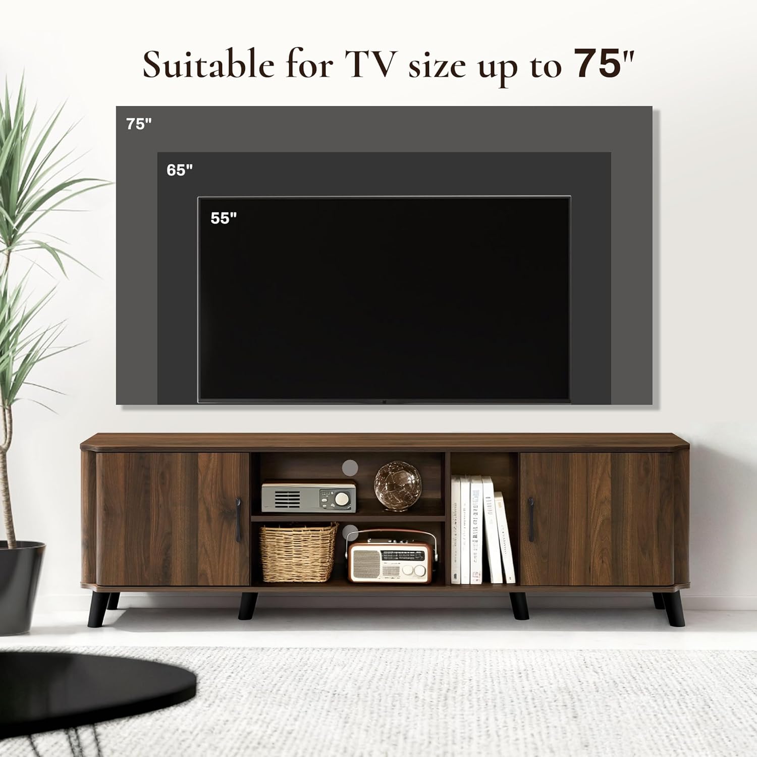 LuxenHome 70" Mid Century Modern TV Stands for Living Room for TVs Up to 75", Walnut Media Console Entertainment Center with Storage, Brown TV Consoles for Living Room with Curved Edge