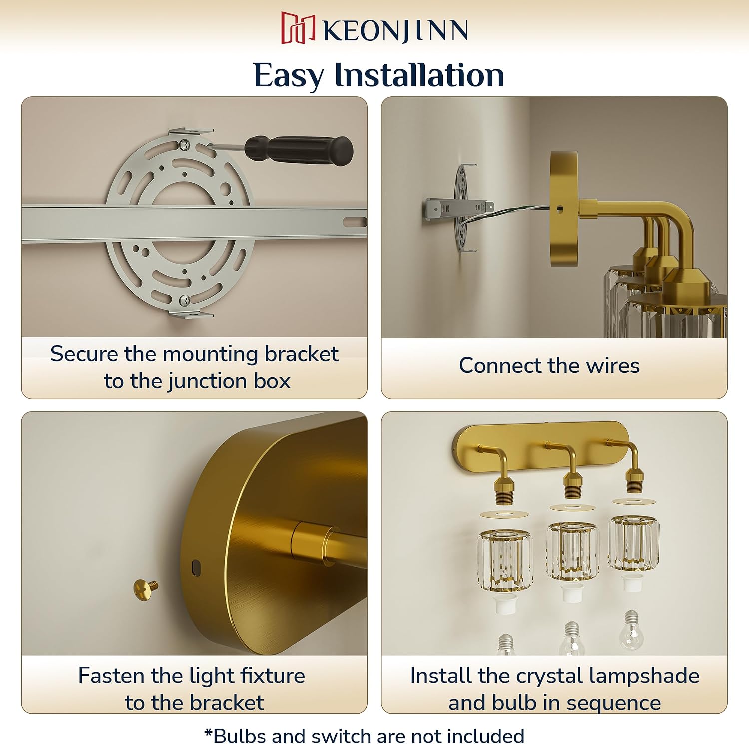 Keonjinn 3-Light Gold Bathroom Light Fixtures, Crystal Bathroom Vanity Lights Over Mirror, Gold Vanity Lighting Fixtures with Crystal Square Shades (E26 Base, Blub Not Included)