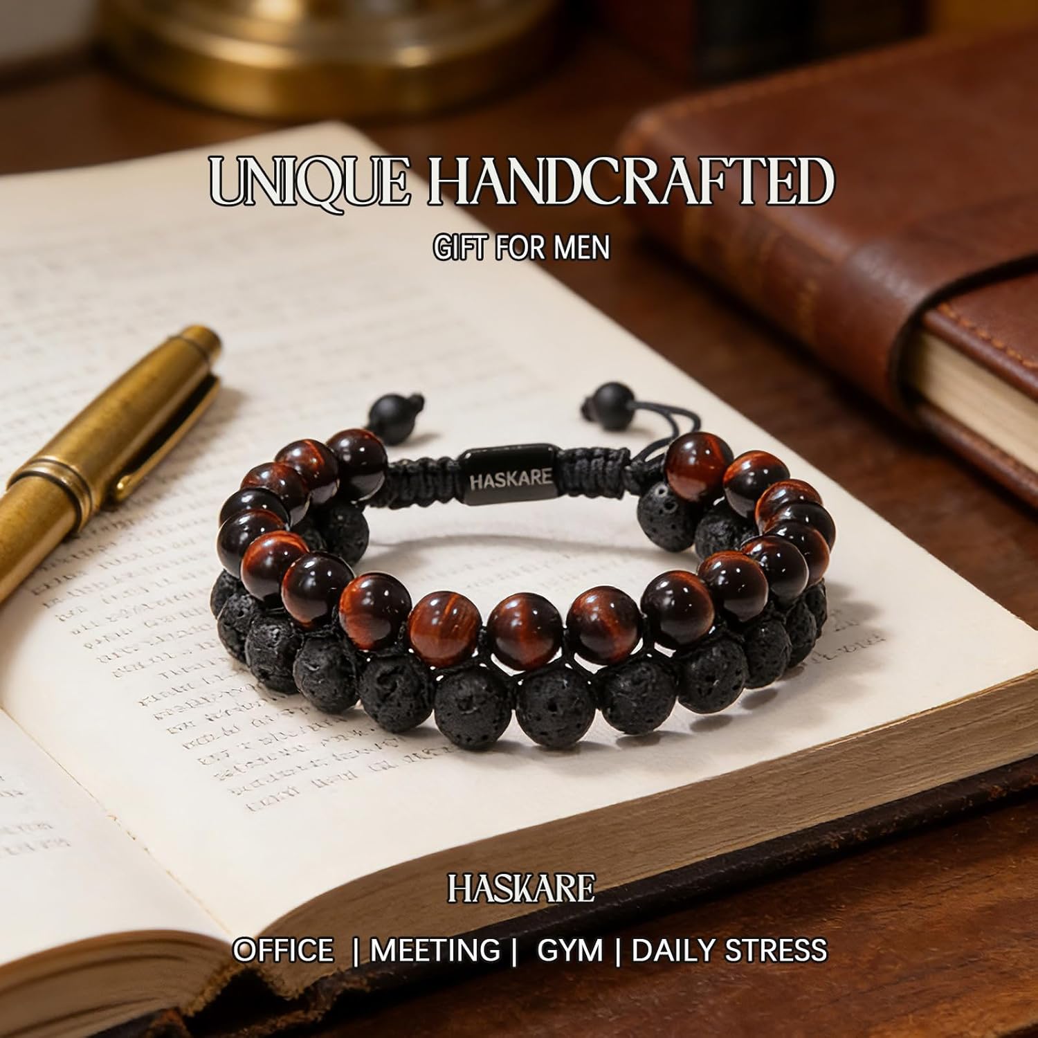 HASKARE Energy Beads Tiger Eye Bracelet for Men, Red Tiger Eye Beads Lava Stone Bracelets, Handmade Protection Crystal Bracelet Mens Jewelry Bracelets Father Christmas Gift for Stress Relief 8mm - Image 3