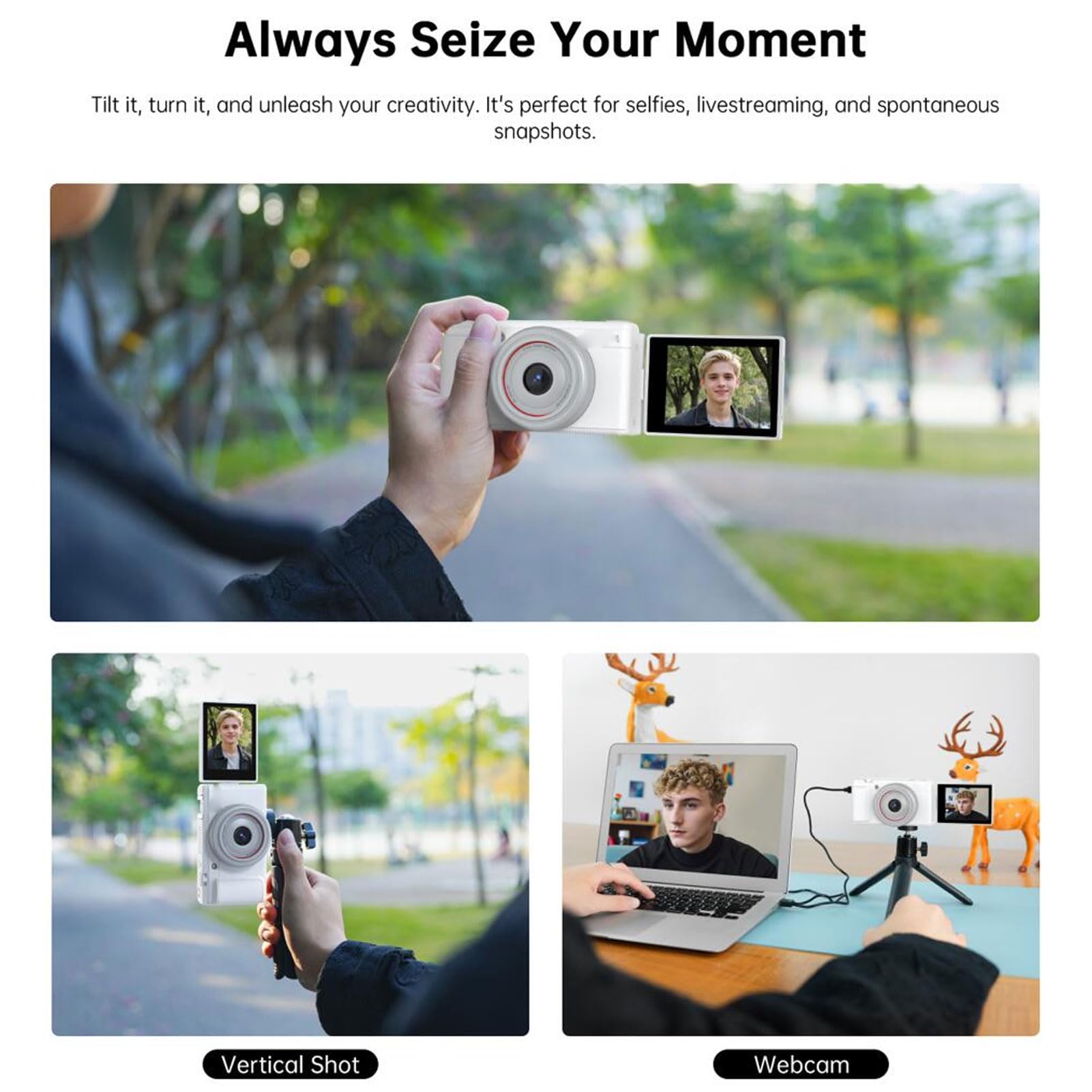 Vlog Camera 2.8 Pollici Flip Screen, Video 5K30 80M Foto Zoom Digitale F1.8 Grande Apertura Adatto per Vlogging, Live Streaming, Webcam USB (Bianco)