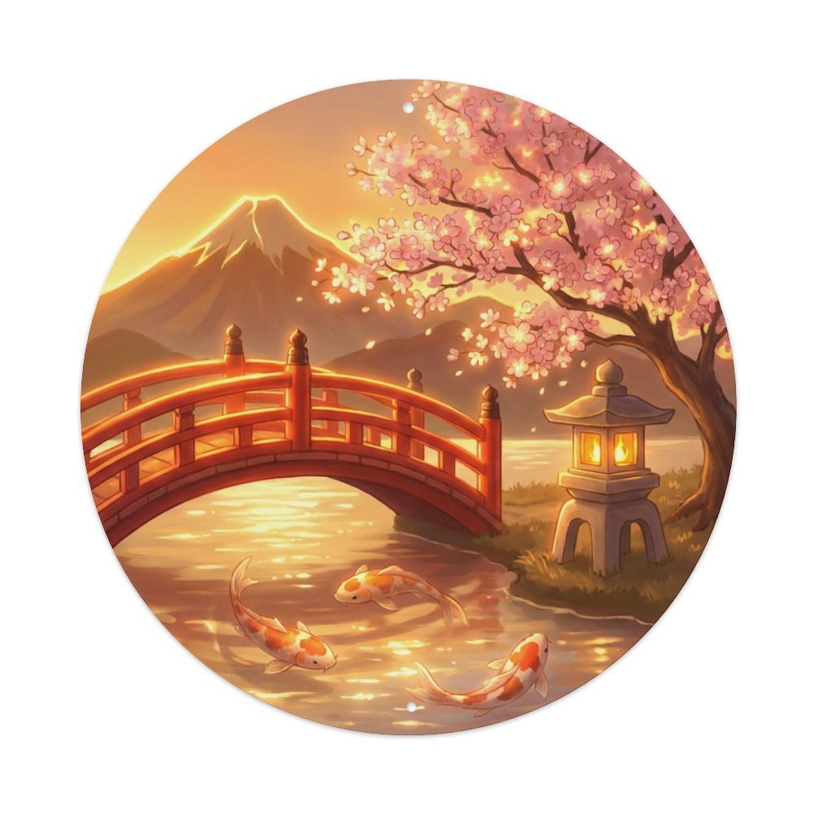 Tgrcjimh Style Metal Tin Sign Japanese Koi Fish Golden Hour Bridge Warm