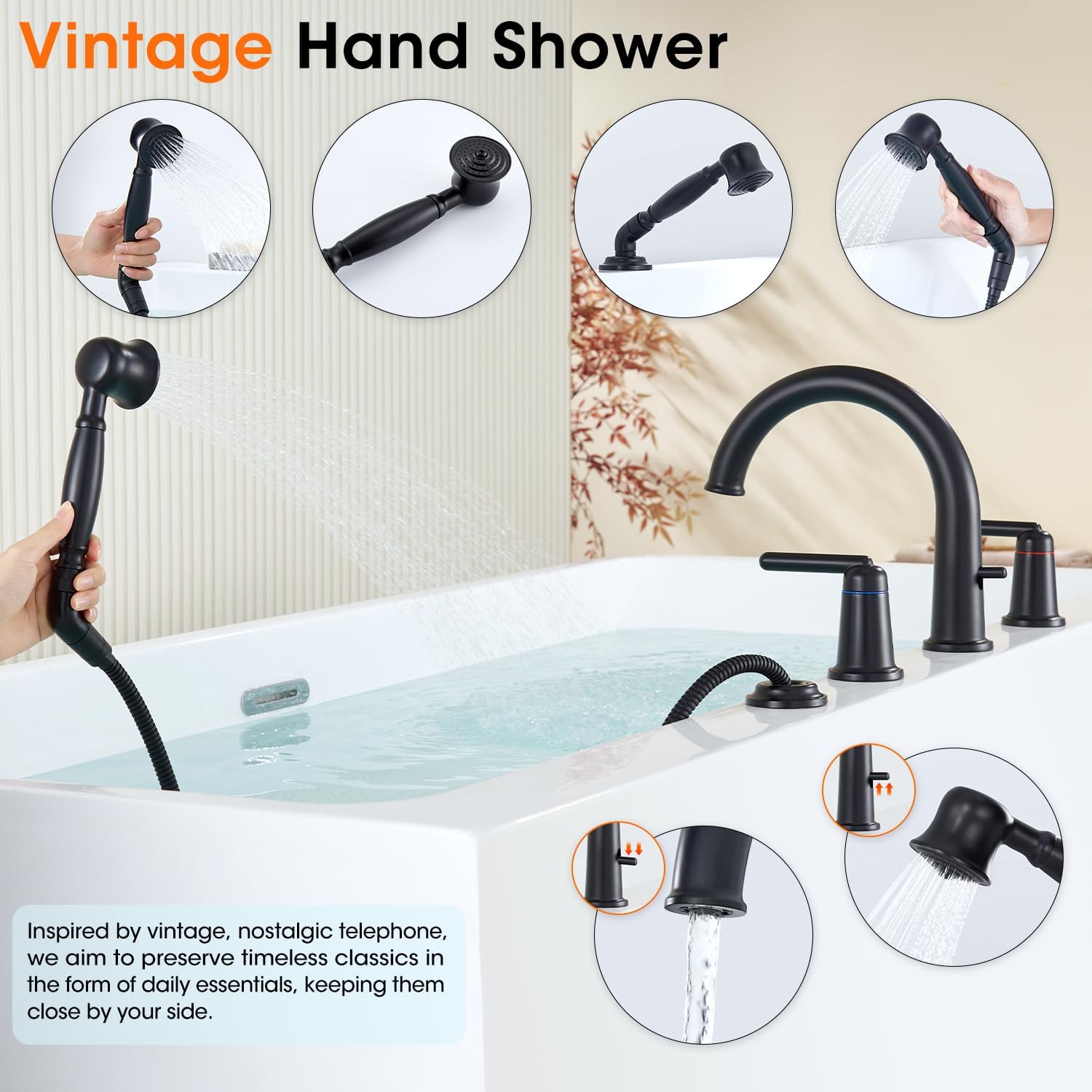 Bathtub Faucet Trim Kit with Hand Shower and Rough-in Valve Deck Mount 4 Hole High Flow Classic High Arch Tub Faucets Black, WT-9808BK