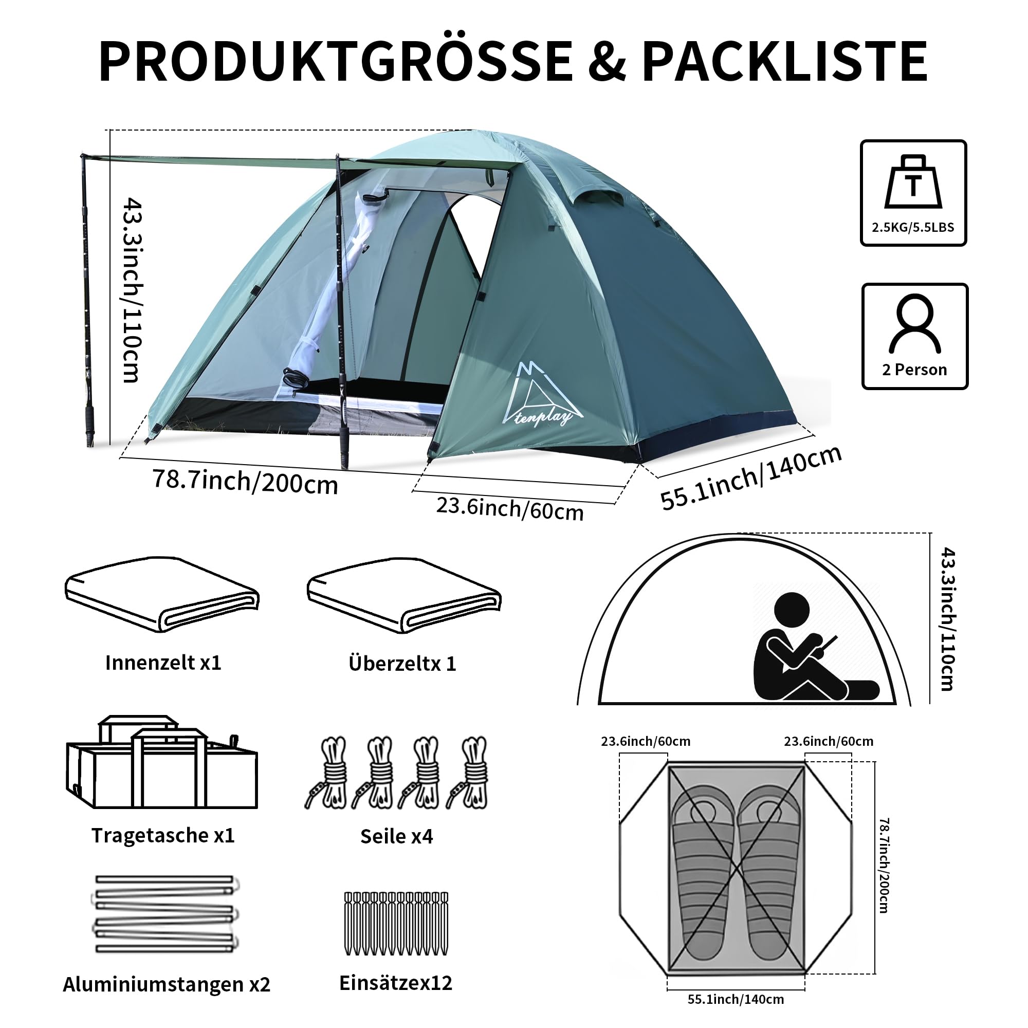TENPLAY 2-Personen-Zelt, leicht, 2,5 kg, wasserdichtes PU3000 mm, winddichtes, Doppellagiges Campingzelt, 2 Türen, einfacher Aufbau für Wandern, Rucksackreisen, Bergsteigen, Jagd, Wandern