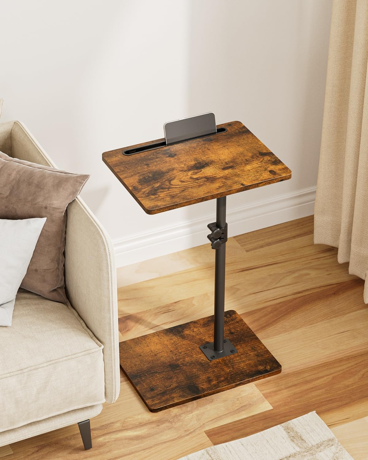 HEYZOEY C-Shaped Adjustable Side Table, 360° Swivel Sofa End Table, 40 × 30 × 45–81 cm, Small Coffee Table, Bedside Table for Living Room, Bedroom (Rustic Brown)
