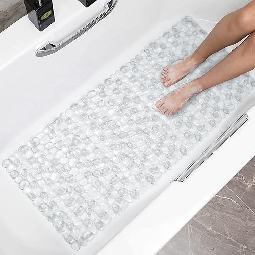 Miniatura 1 de Tapete de ducha antideslizante de 35 x 15.7 pulgadas con ventosas, agujeros de drenaje para ducha, bañera, baño, lavable a máquina (gris