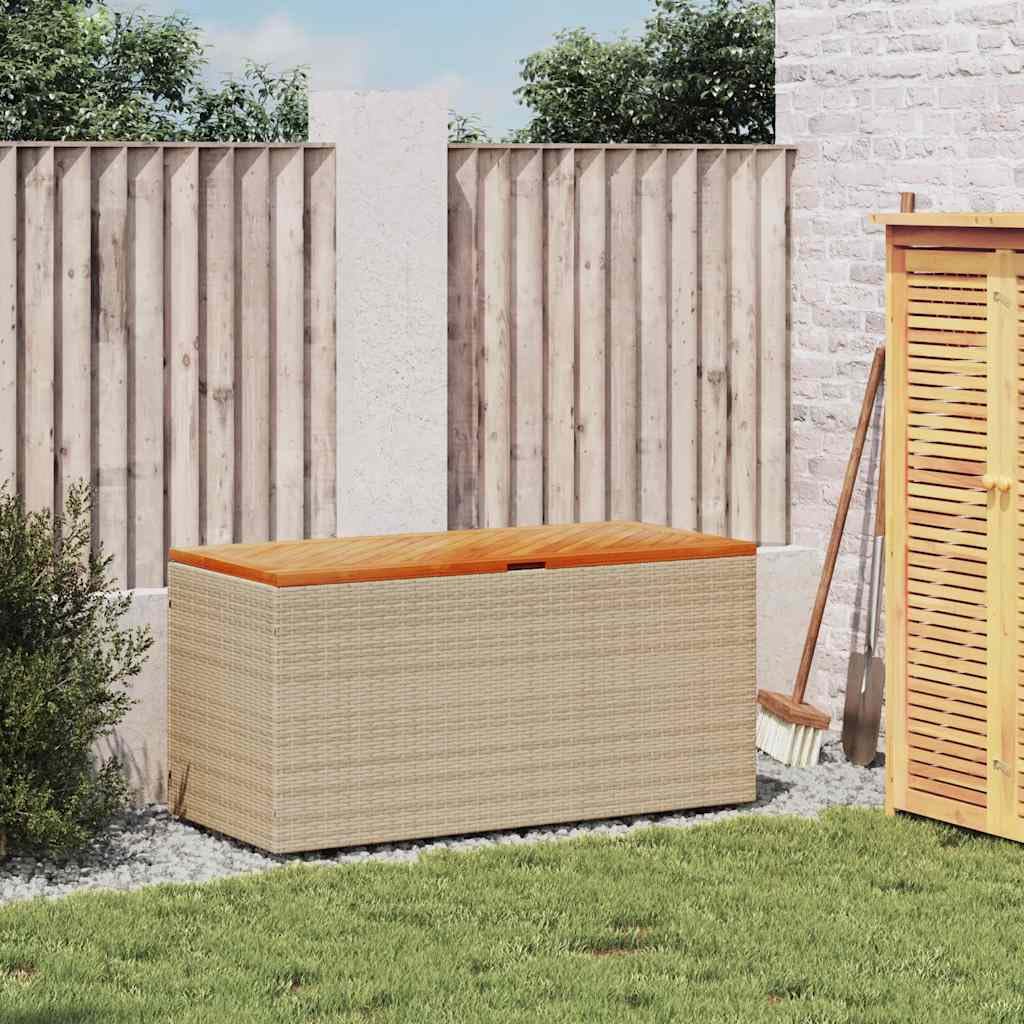 Baule da giardino beige, 110 x 50 x 54 cm, in polyrattan con piano in legno di acacia, contenitore da giardino impermeabile, per riporre cuscini, terrazza, balcone, esterno