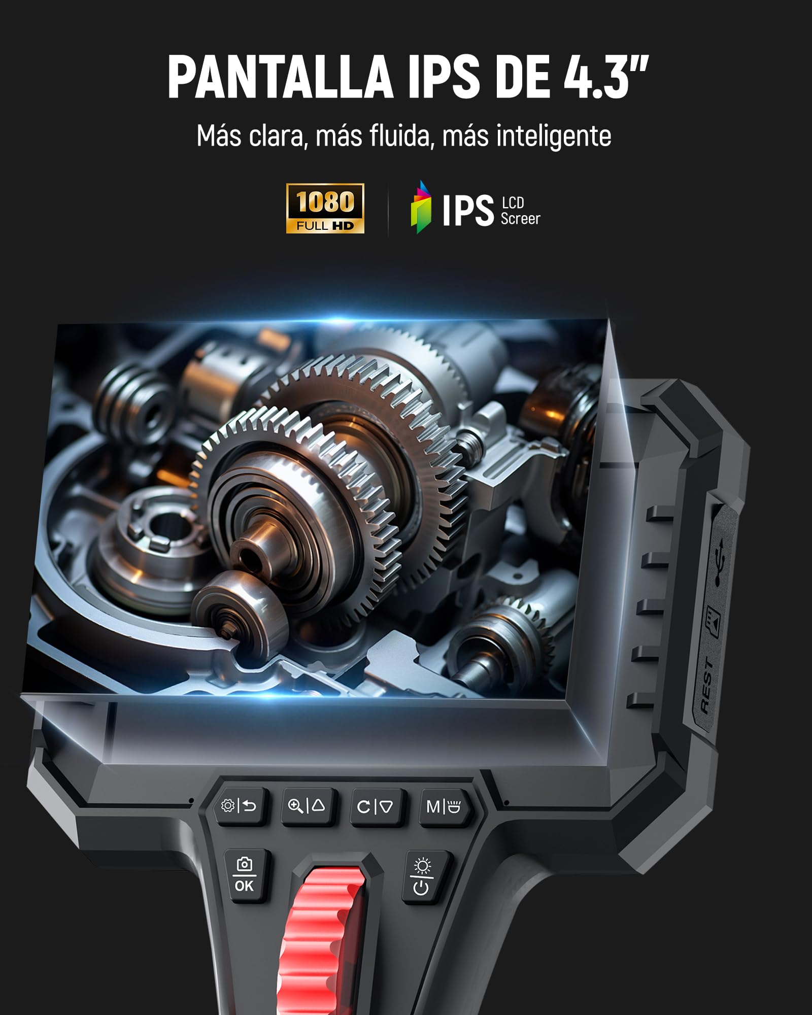 KAIWEETS Cámara Endoscópica con Luz, Doble Lente 210° Articulada con Control de Rueda, Sonda Delgada de 6,5 mm, Pantalla IPS 1080P, Cable Semirrígido de 1,6 m, IP67 Impermeable para Automoción y HVAC