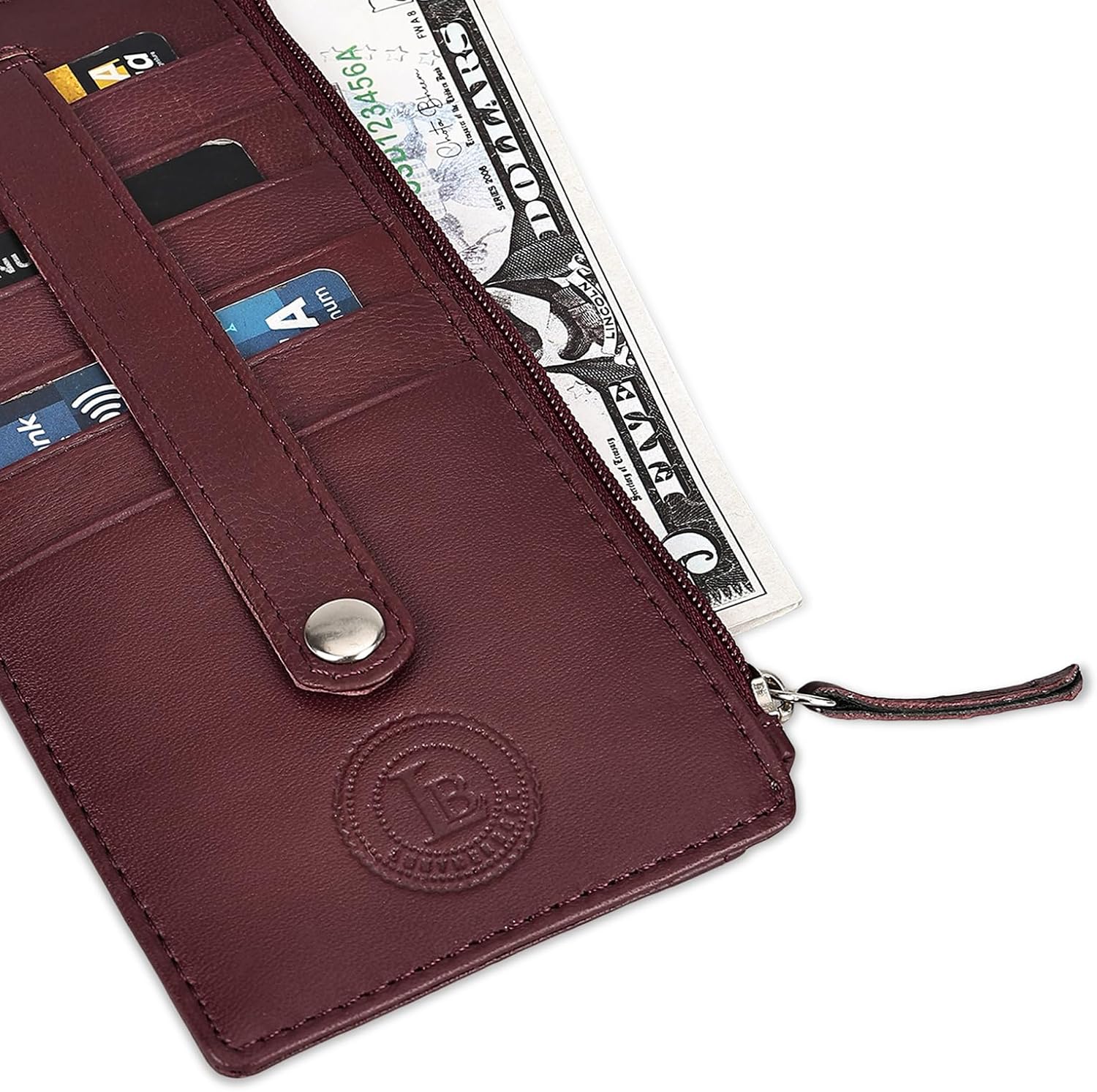 Leatherboss Genuine Leather Women's All in One Credit Business Card Case Holder Slim Zipper Wallet With a Card Protection Strap, Wine - Image 5