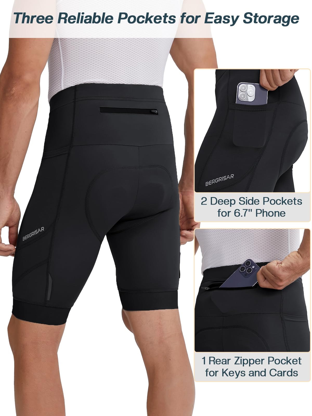 BERGRISAR Pantaloncini da ciclismo imbottiti 4D da uomo, con tasca con cerniera