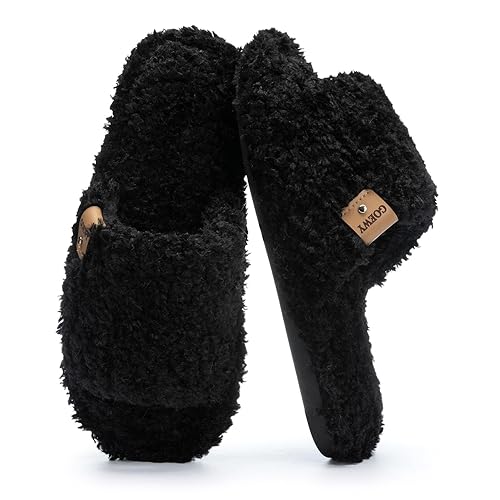 GOEWY Fuzzy Open Toe Slippers for Women Indoor Cozy Memory Foam Slip On House Slides Shoes Gifts for Womens Her Mom - Black - 5-6