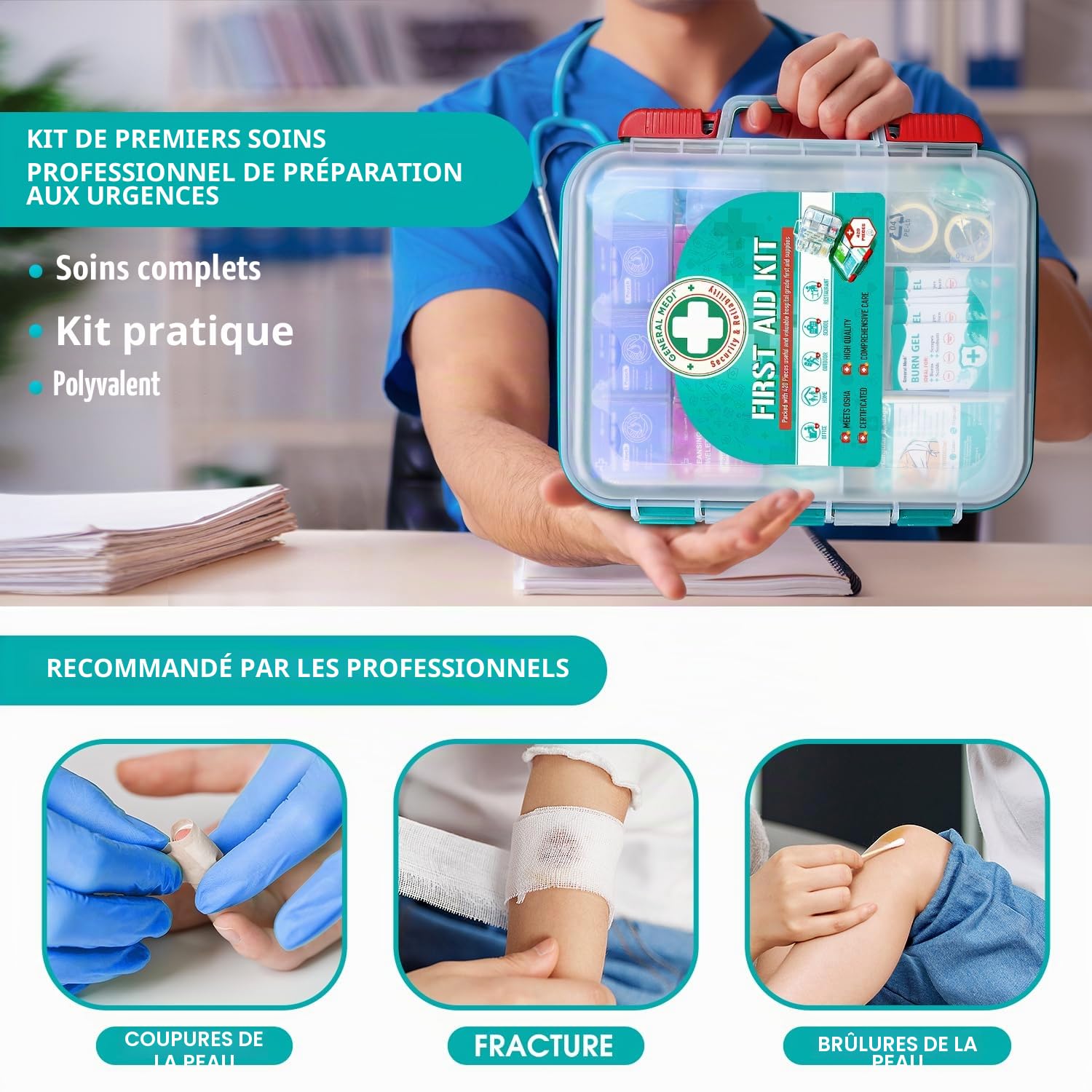 General Medi Kit de premiers secours professionnel 420 pièces – Boîte de premiers secours rigide – Contient des fournitures médicales de qualité supérieure pour voyage, maison, bureau, véhicule