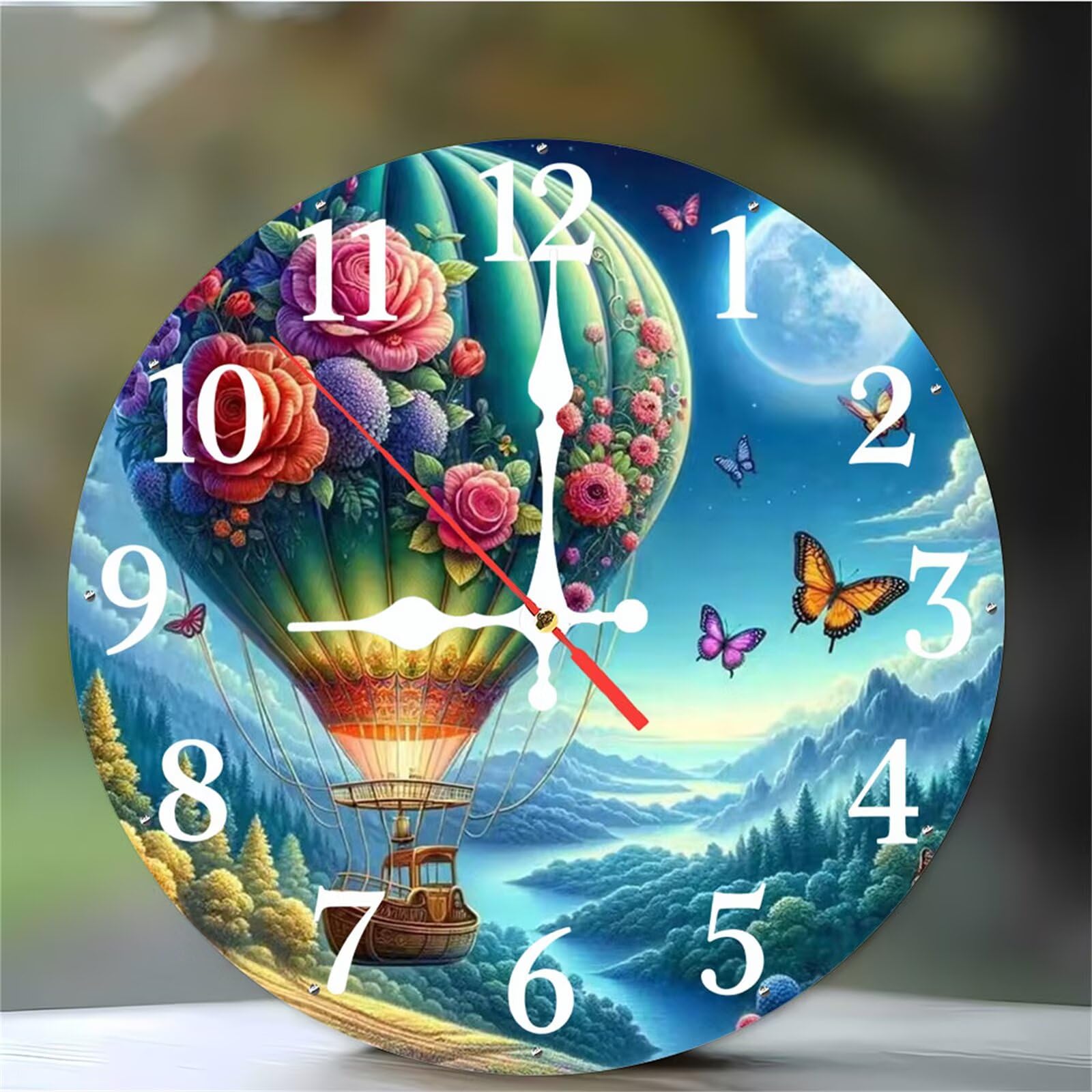 Horloge murale lune en montgolfière de 30cm ronde et silencieuse