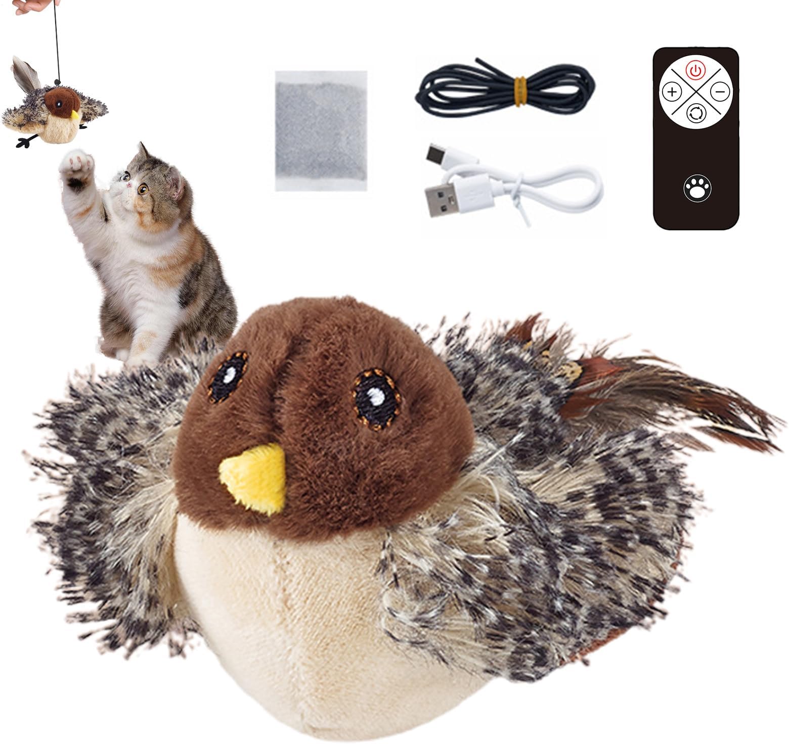 Flying Bird Cat Toy, Interactive Bird Cat Toy - USB Rechargeable Snappy Cat Toy Bird, Dog Pepper Electric Interactive Toy, Soft Plush Cat Toy Bird with Remote Control for Cats and Kittens