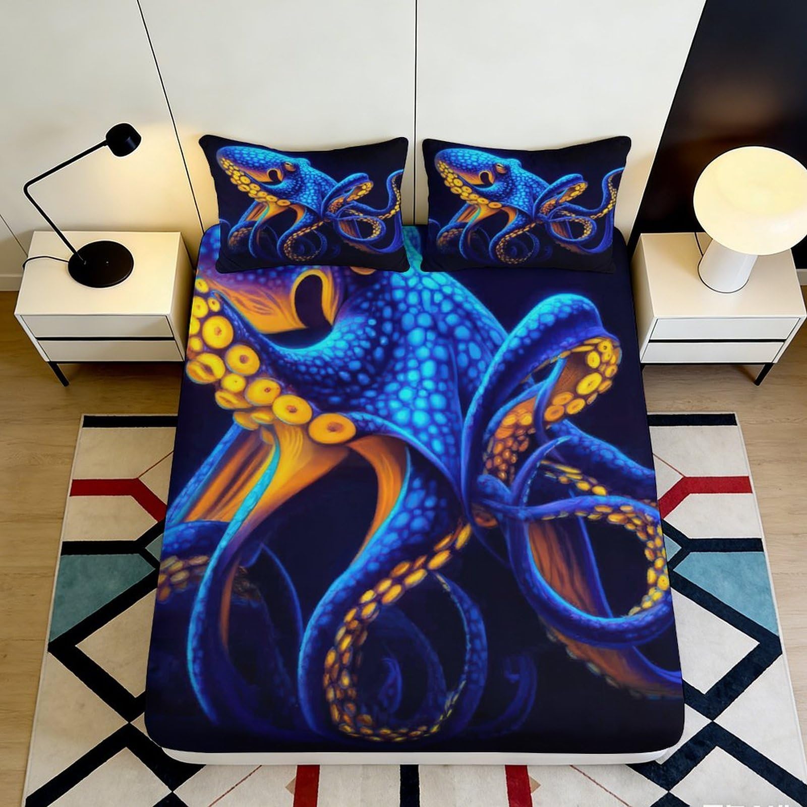 3D Printed Blue Octopus Fitted Sheet Microfiber Soft Deep Sea Tentacle Bed Cover for Bedroom Dorm Mattress Protector 140x200x25cm