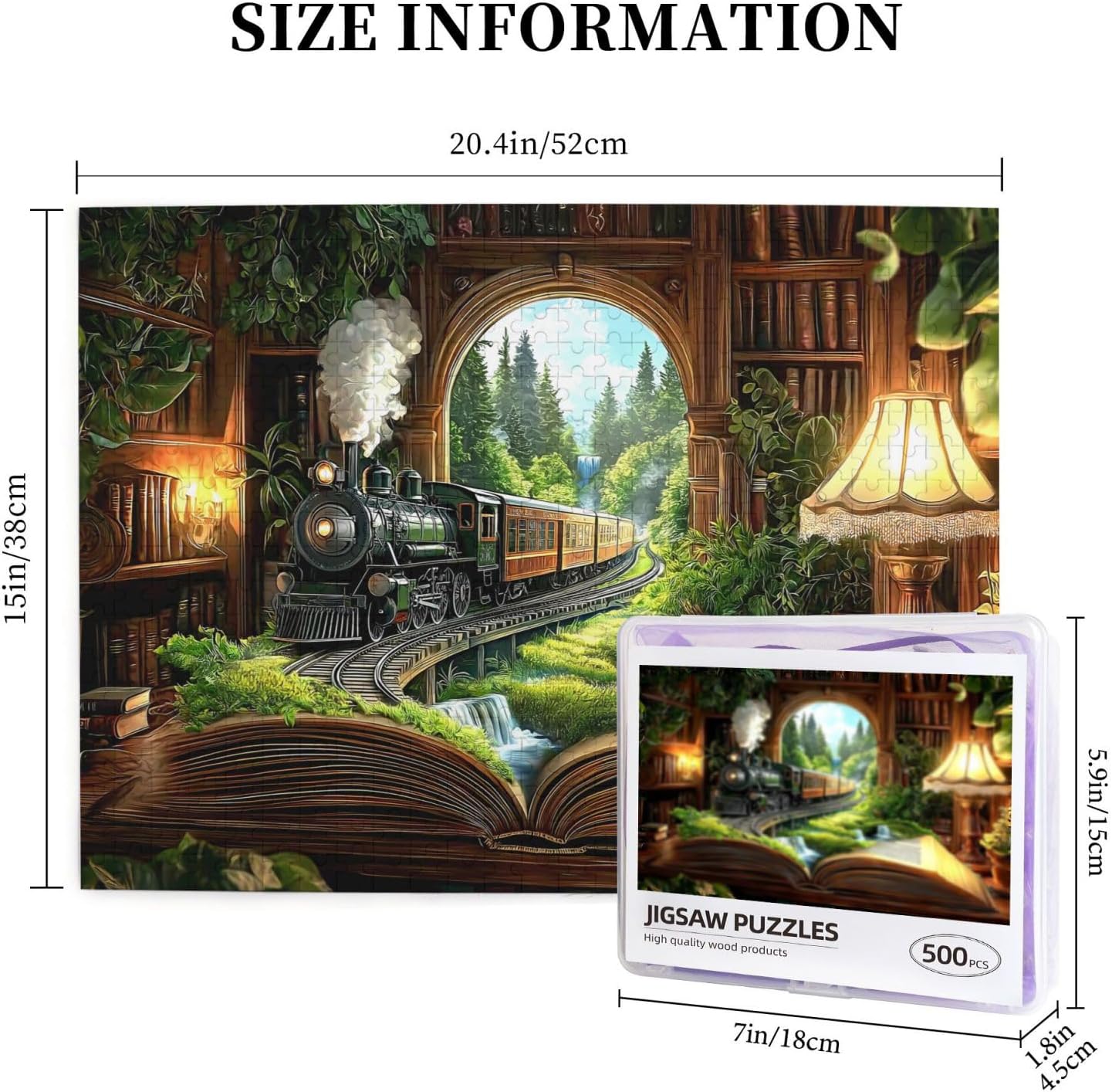 Train Forest Book Jigsaw Puzzles for Adults 500 Pieces Magic Vintage Bookshelf Wooden Puzzle Fantasy Books Puzzle for Family Activity Friends Educational Challenging Fun Game Book Lovers Gifts